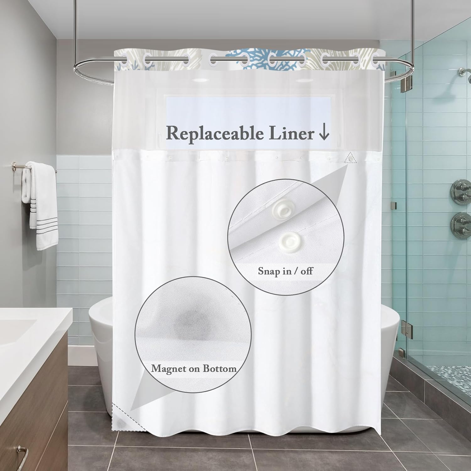 No Hook Shower Curtain with Snap in Liner, Hotel Style Blue Nautical Coastal Ocean Beach Seashell Starfish Themed Shower Curtain Waterpoof Washable with See Through Top Window,71"x74"