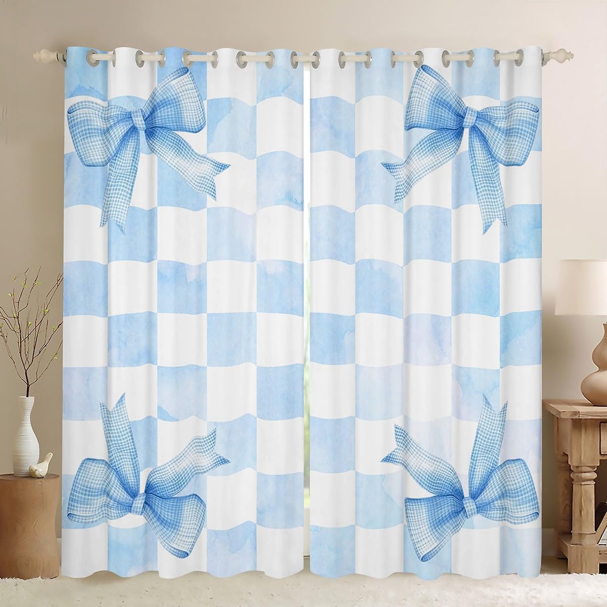 Blue Bowknot Kids Window Curtains,Geometric Plaids Checkerboard Patchwork Window Drapes for Girls Women,Princess Bow Tie Romantic Abstract Window Treatments Grommet Top 2 Panel Set,42Wx63L inch