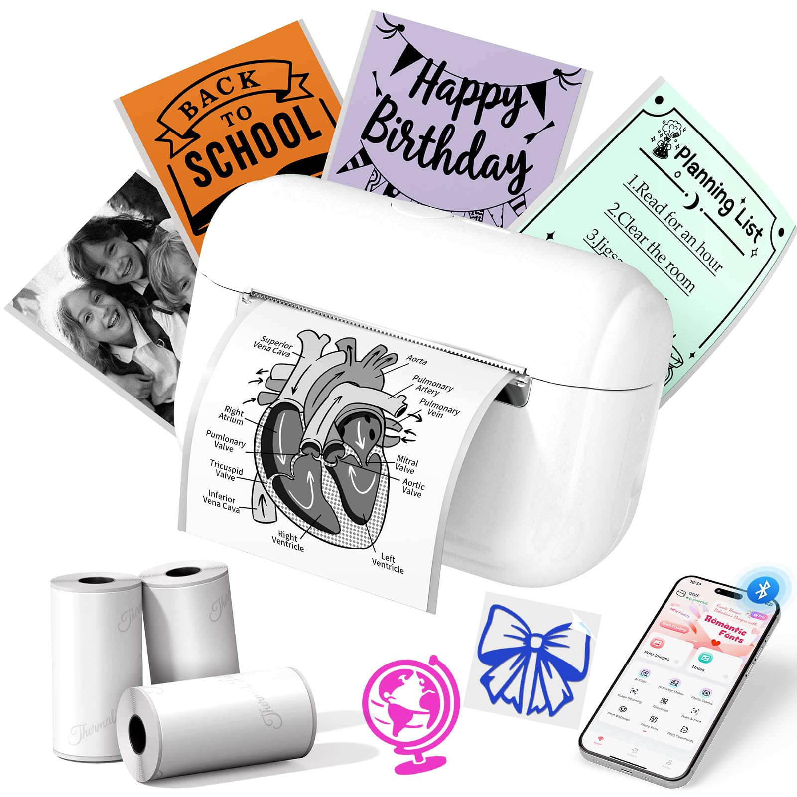 Memoking Q02E Mini Stampante Termica Portatile Bluetooth, Stampante Etichette con 3 Rotoli di Carta, Bianco