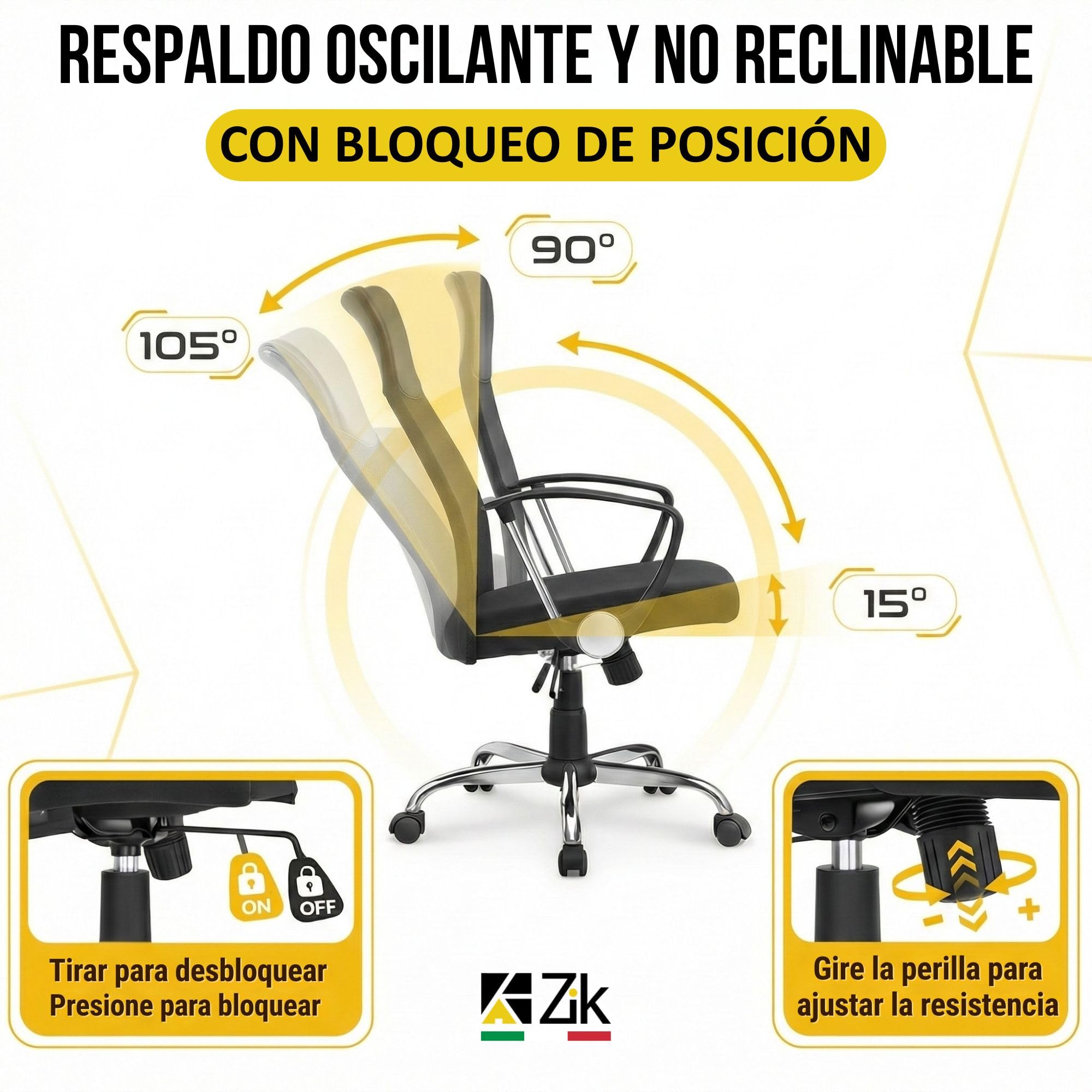 ZIK Silla de Oficina Cómoda, Ergonómica, Butaca, de Director, Silla de Escritorio En Tejido de Malla Negro, con Soporte Lumbar, Direccional con Ruedas