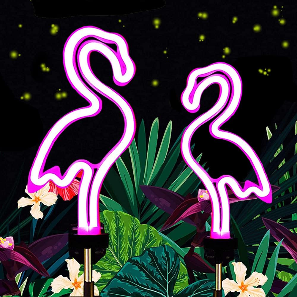 Bannad Solar Garden Stake Lights, Outdoor Solar Pathway Light for Lawn Patio Yard Walkway, Neon Pink Flamingo Lighting, 2 Pack