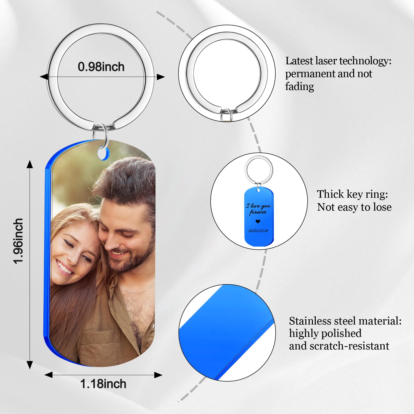 NGTSFLY Personalized Laser Photo/Text Name Keychain, Engraving Stainless Steel Dog Tag Key Chain (Blue)