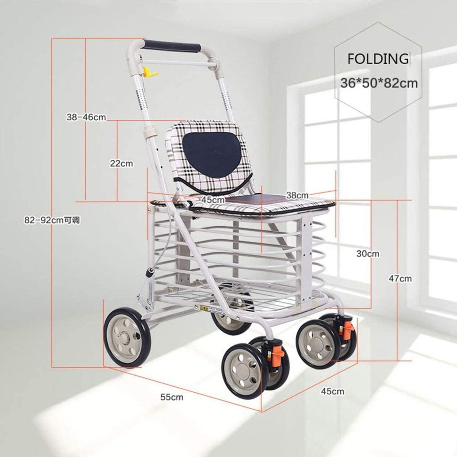 Deambulatore con sedile e cestino, in alluminio, a quattro ruote, facile da piegare, regolabile in altezza, design leggero e sicuro, ideale per esercizi e viaggi