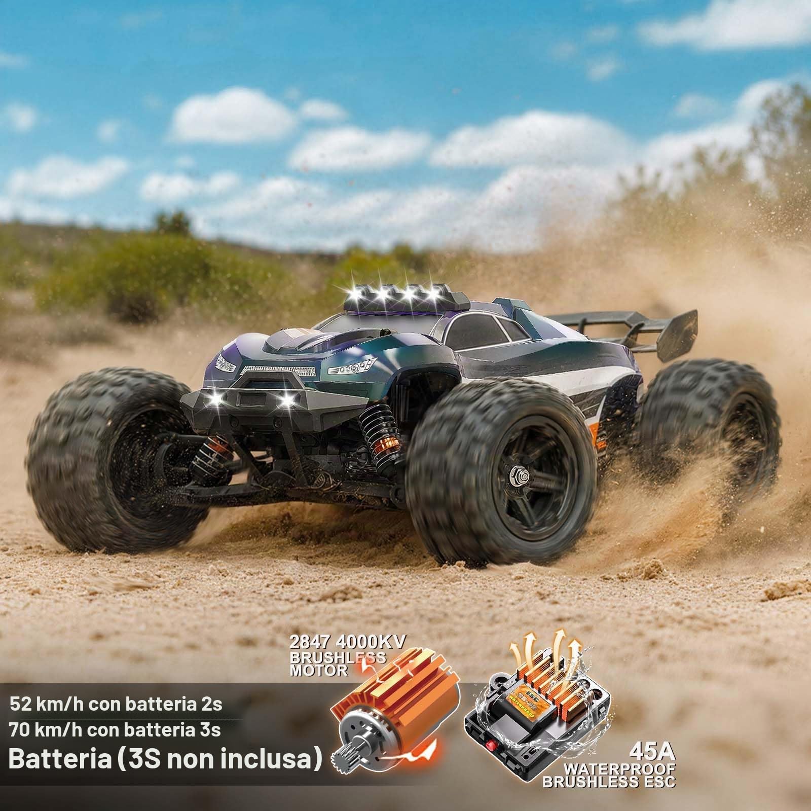 Macchina Telecomandata Adulti 1:14 Brushless Auto RC/RC Car 4WD 52 km/h, Ammortizzatori Idraulici, Trasmissione in Metallo, 2 Batterie 1500mAh, 2 Set di Gomme, LED, Upgrade 3S fino a 70 km/h