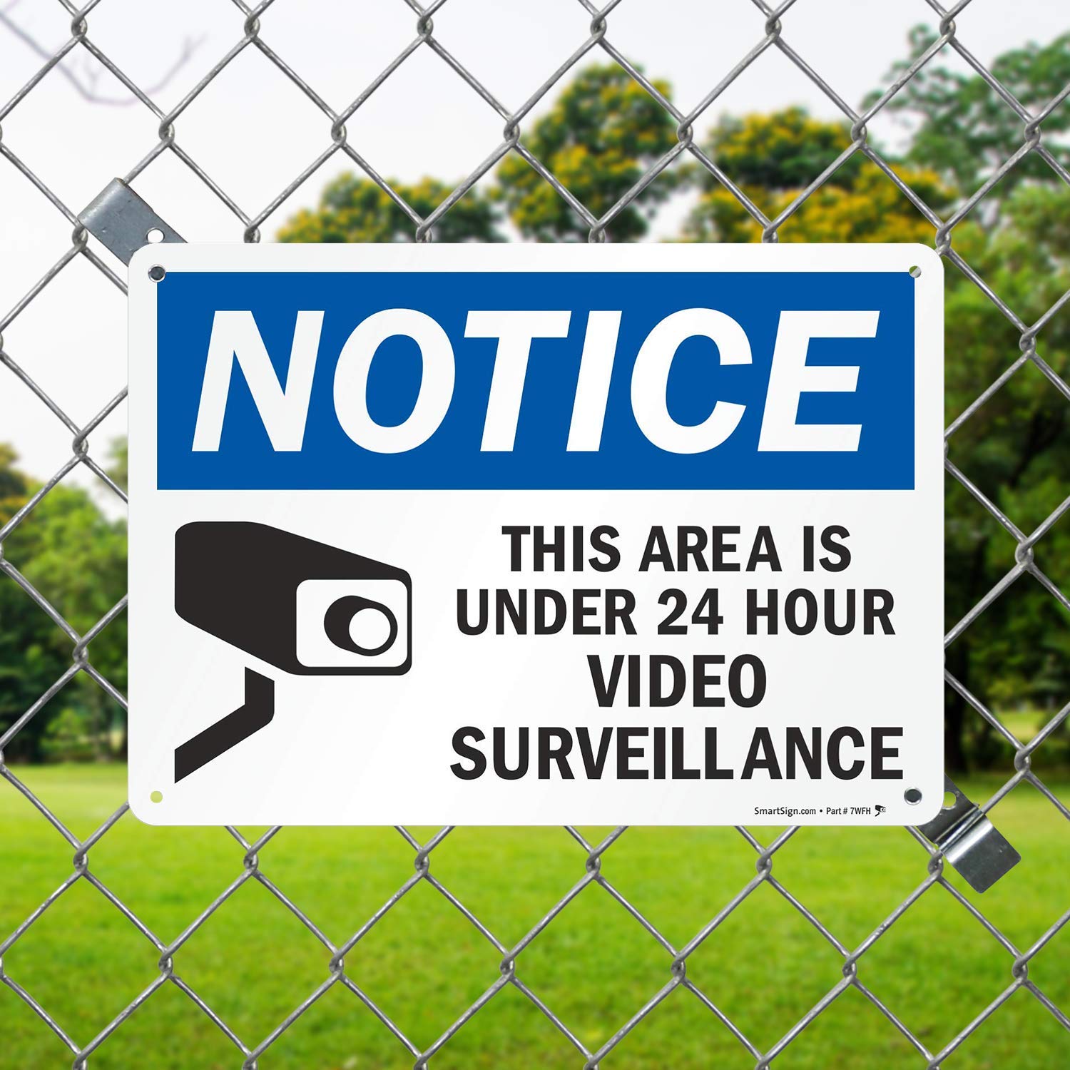 "Video Surveillance" Bilingual Adhesive Vinyl Sign - 10"x7", Black/Red On White, Weatherproof