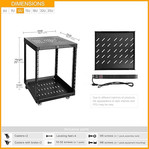 Miniatura 2 de RIVECO Rack de red de 12U con placas ventiladas superior e inferior reforzadas, 4 ruedas rodantes, estante de pie para equipo de 19 pulgadas y