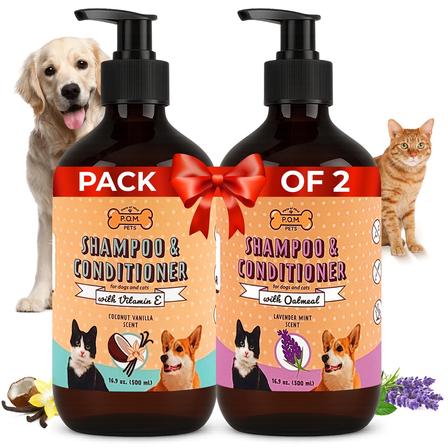 POM Pets 2 Pack 2-in-1 Organic Dog Shampoo & Conditioner – Itchy Skin Relief, Dog Deshedding, Detangles Fur, Cat Shampoo, Paw Cleaner for Dogs,
