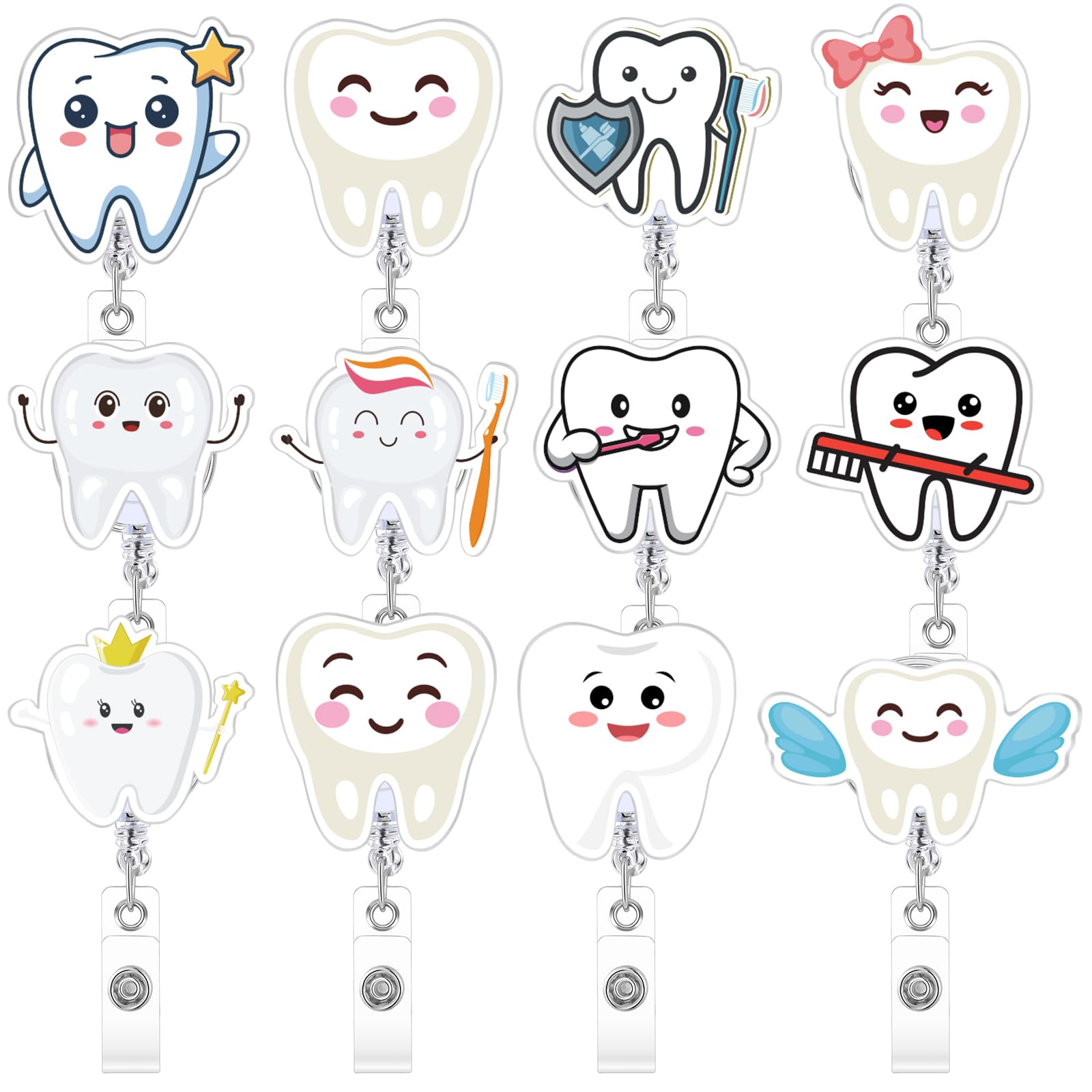 Geyoga 12 Pcs Dental Teeth Badge Holder Retractable Badge Reels Work Office Cards Holder with Clip Name Cards Keepers Gift for Social Worker Dentist Volunteer Ot Doctor Nurse Appreciation