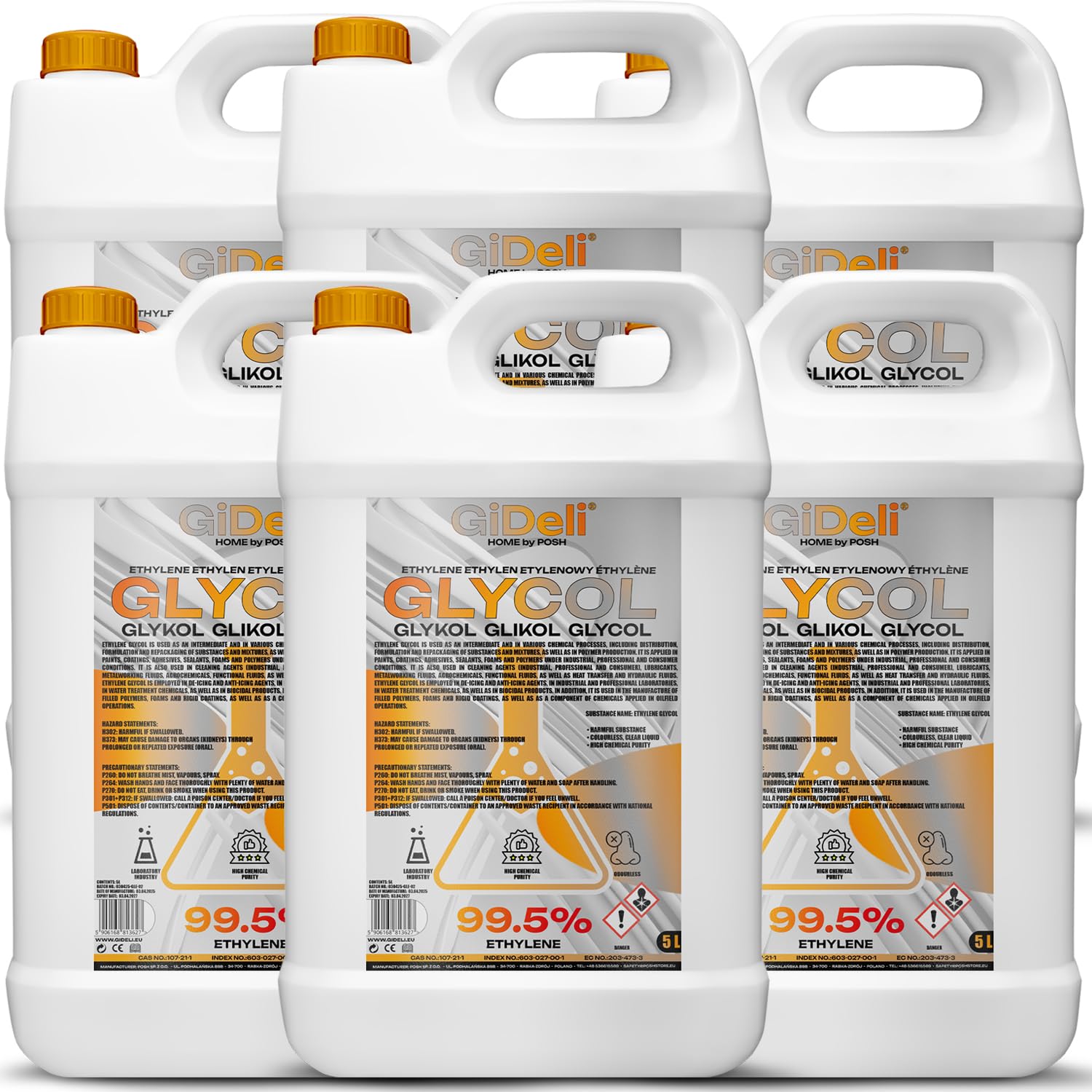 GiDeli Ethylenglykol 99,5% Hochrein 6x5L - Monoethylenglykol Konzentrat für Kühlerfrostschutz, Wärmeträger & Solarflüssigkeit - Industrie, Labor & Werkstatt - Hergestellt in der EU