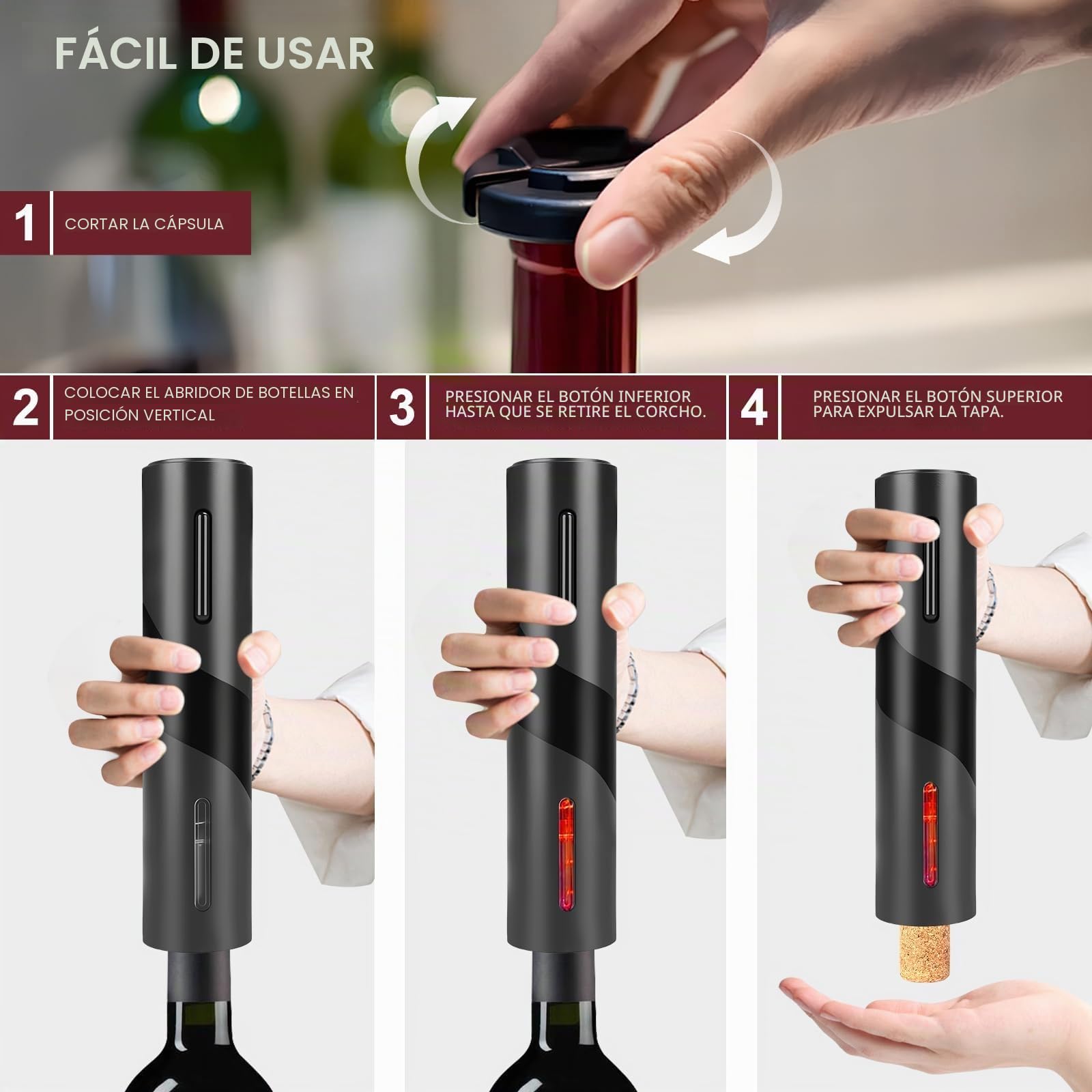 Sacacorchos Eléctrico Recargable, Juego de Regalo de Vino con corta cápsula, Boquilla Aireador, Bomba de Vacío y Cable USB del Abridor de Vino Electrico - Regalo hombre para amantes del vino
