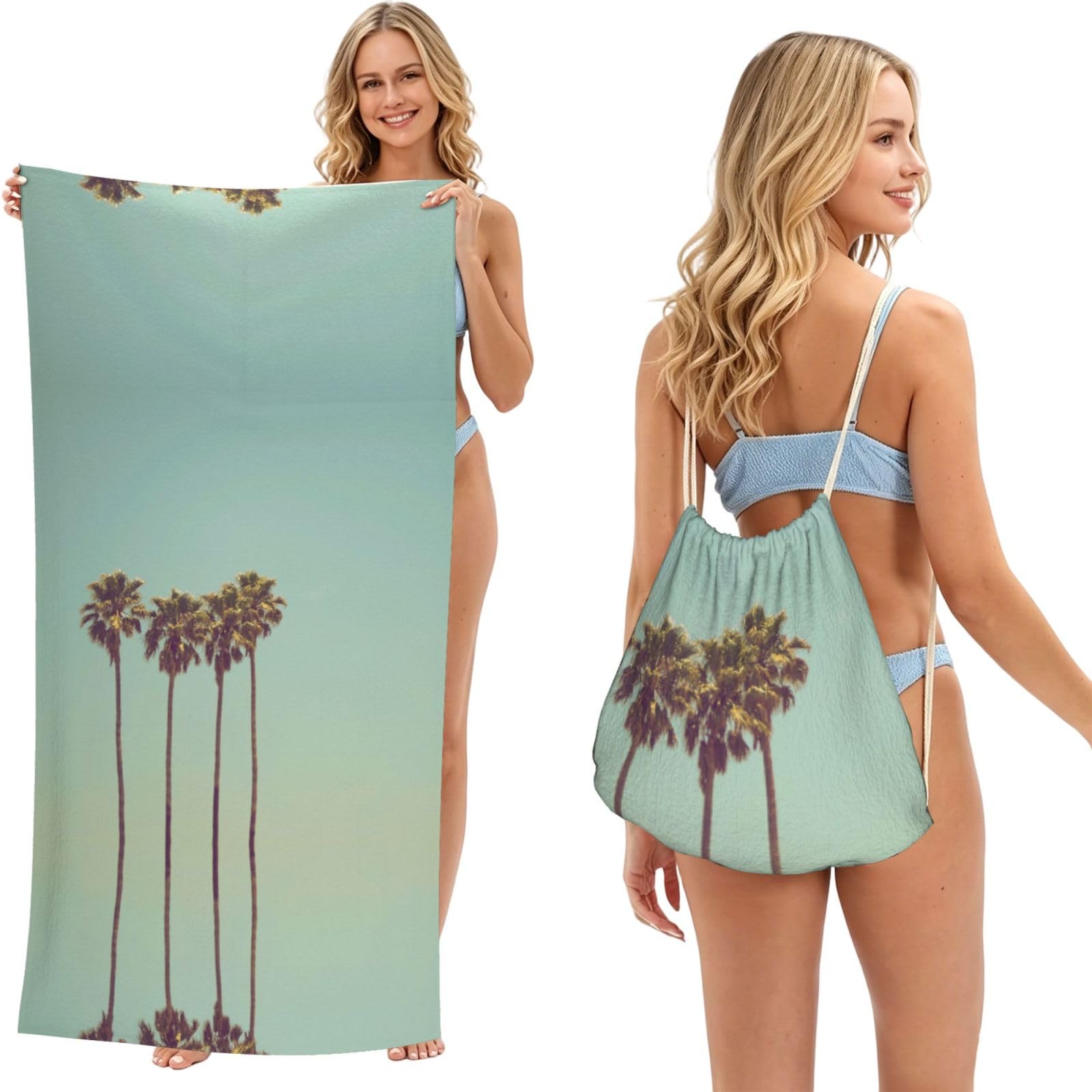 ESNAIUVCD Palm Tree Print Beach Towel For Adults,Towel With Drawstring Bag, Travel Pool Swimming Sports Shower Sand Free Quick Dry Bath Towel For Pool, Beach, Yoga- 180x60cm