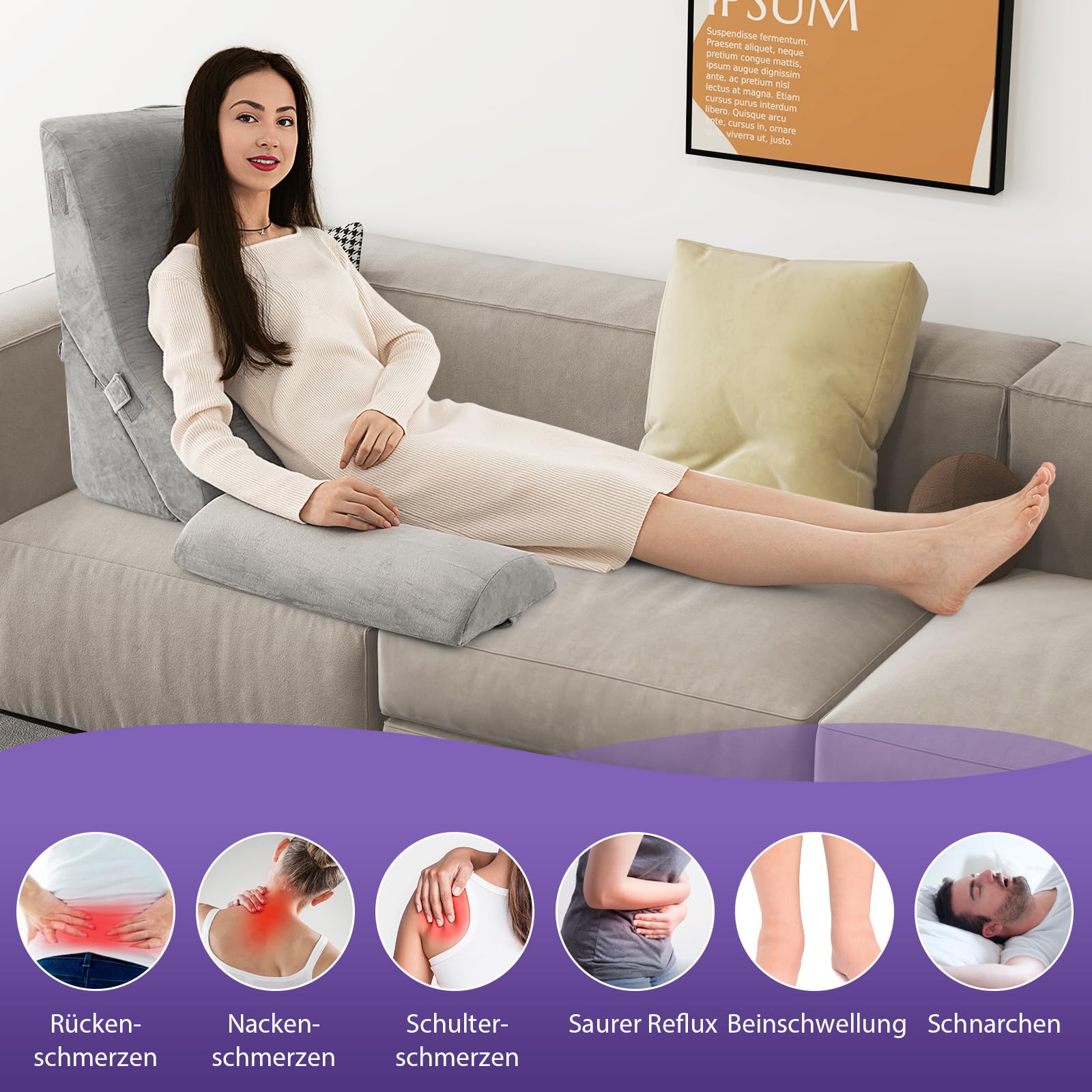 GOPLUS 3-teiliges Keilkissen-Set, Rückenkissen mit Abnehmbarer Nackenrolle & waschbarem Bezug, Rückenkissen mit Memory Foam, Rückenstütze, Lesekissen für Bett und Sofa (Grau)