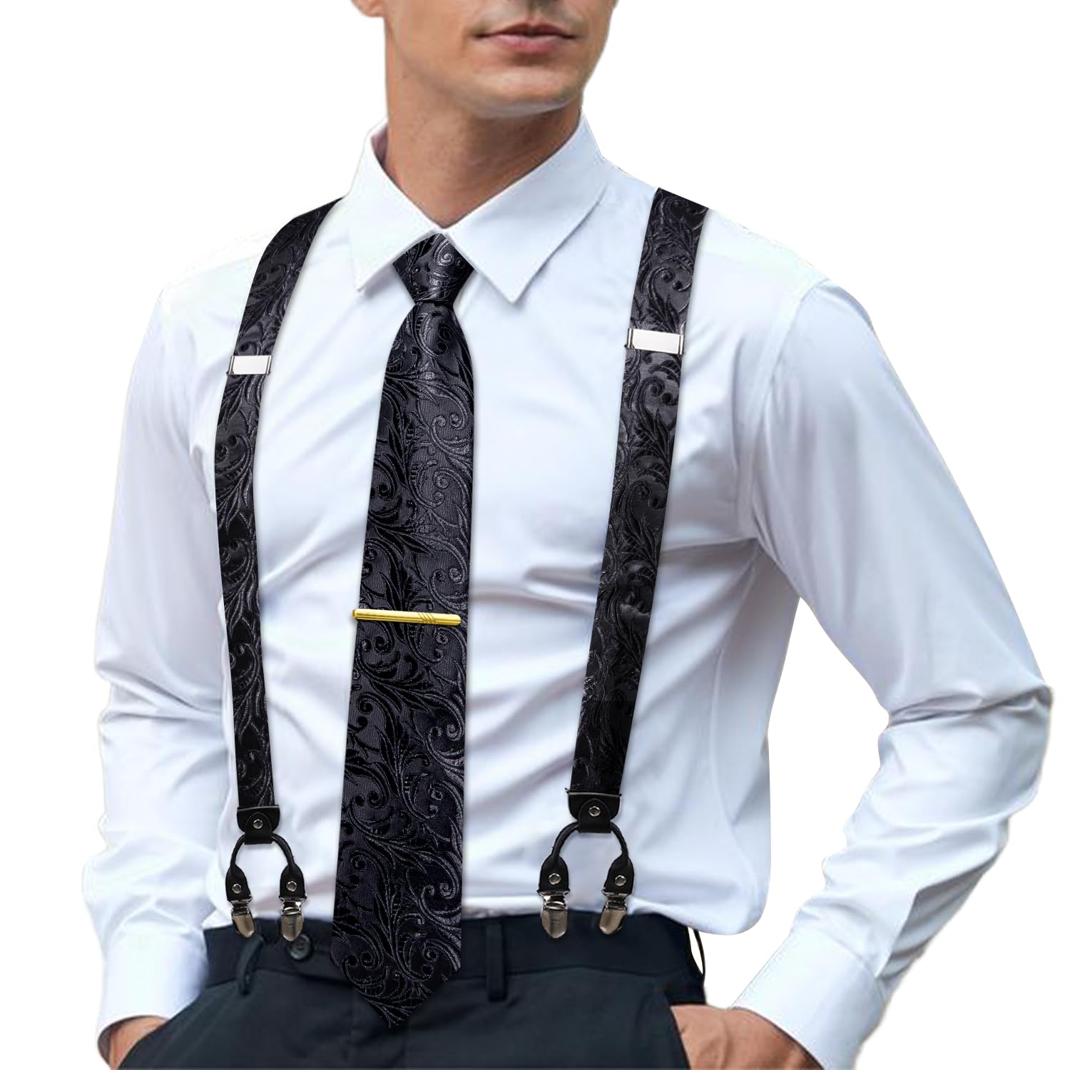 Hi-Tie Men's Suspenders and Tie Set Adjustable Y Braces and Pocket Square Set Strong 6 Clips for Tuxedo Wedding Prom,Black Floral