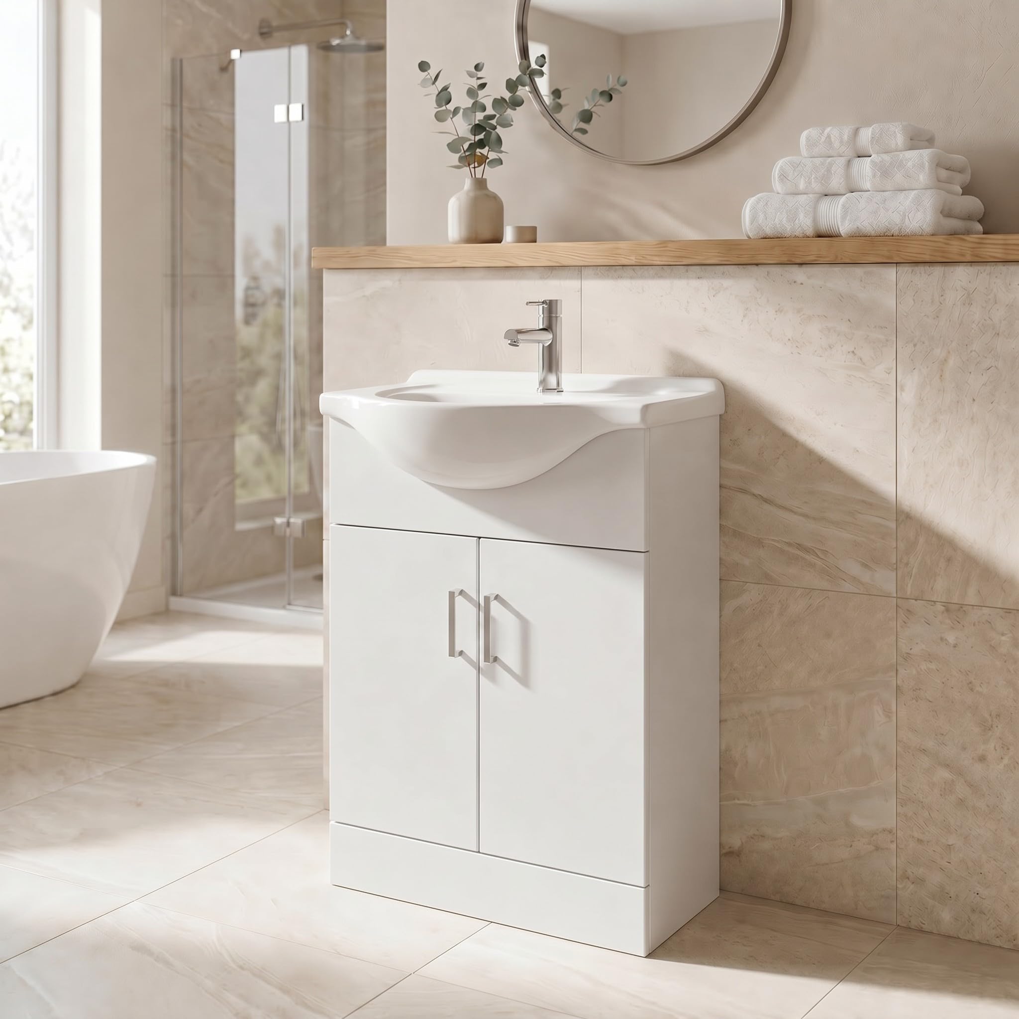 Affine® 650mm Vanity Unit Basin Sink Bathroom Storage Cabinet Cupboard Freestanding, Single Tap Hole Ceramic Wash Basins, Soft Close Door, White Gloss