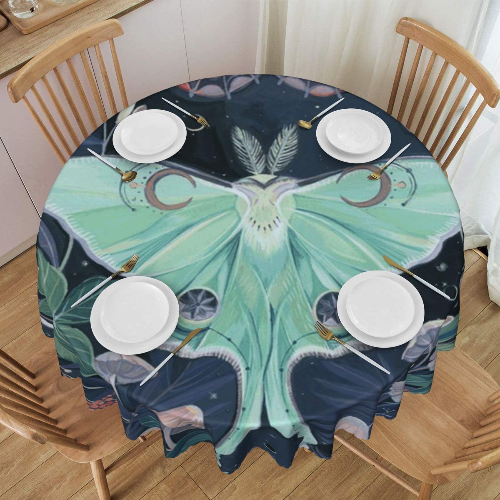 DCEHGEW 60 In Round Tablecloth with Lace, Watercolor Butterfly Art Printed Oilproof & Washable Fabric Picnic Table Cloth Table Covers