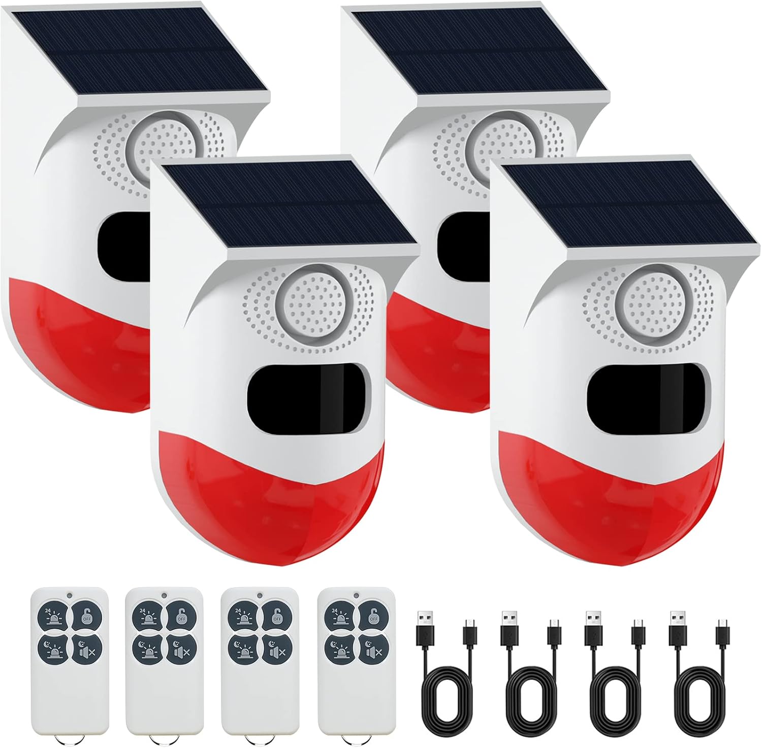 ChunHee Photo voltaic Movement Sensor Alarm Outside,Adjustable Movement Detector Alarm,129dB Sound Safety Siren Gentle IP67 Waterproof Strobe Gentle for Residence,Farm,Barn,Villa,Yard(4 Pack)