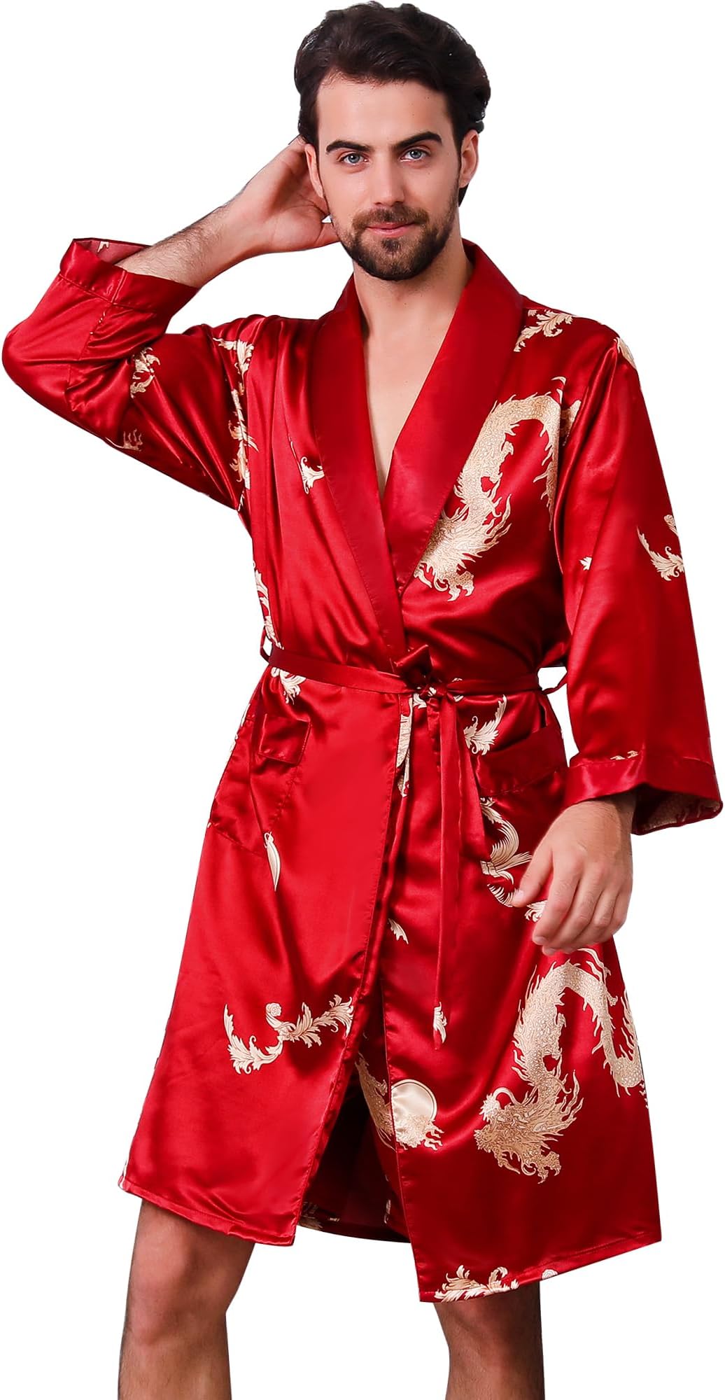 HaseilMen's Satin Robe Dragon Luxurious Silk Spa Long Sleeve House Kimono Bathrobe