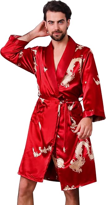 Haseil Mens Satin Robe Dragon Luxurious Silk Spa Long Sleeve House Kimono Bathrobe