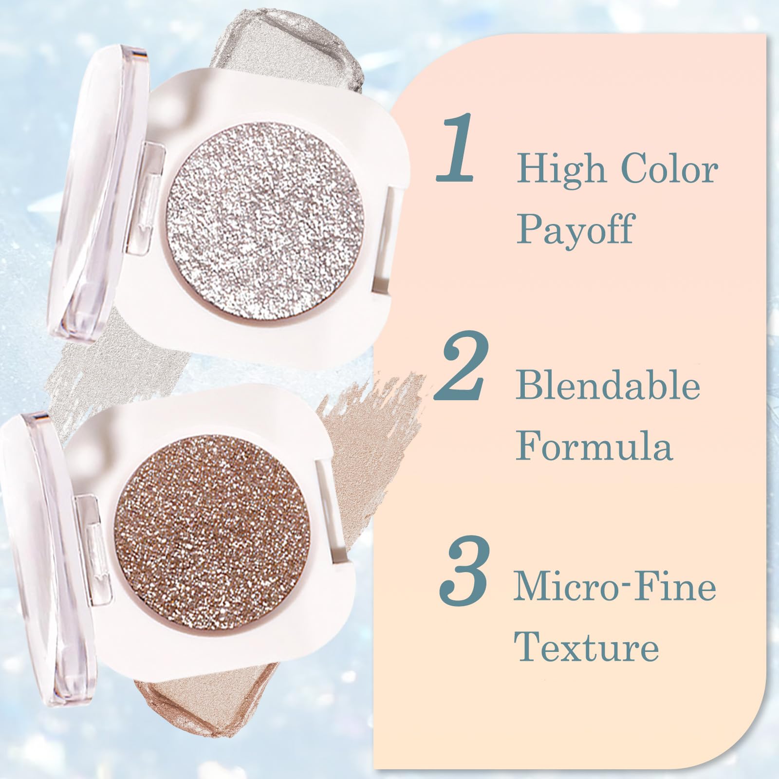 2 Colors Set, Silver Glitter & Mocha Brown Eyeshadow, Single Pressed Powder, Shiny Shimmer Finish, Highly Pigmented - Image 4