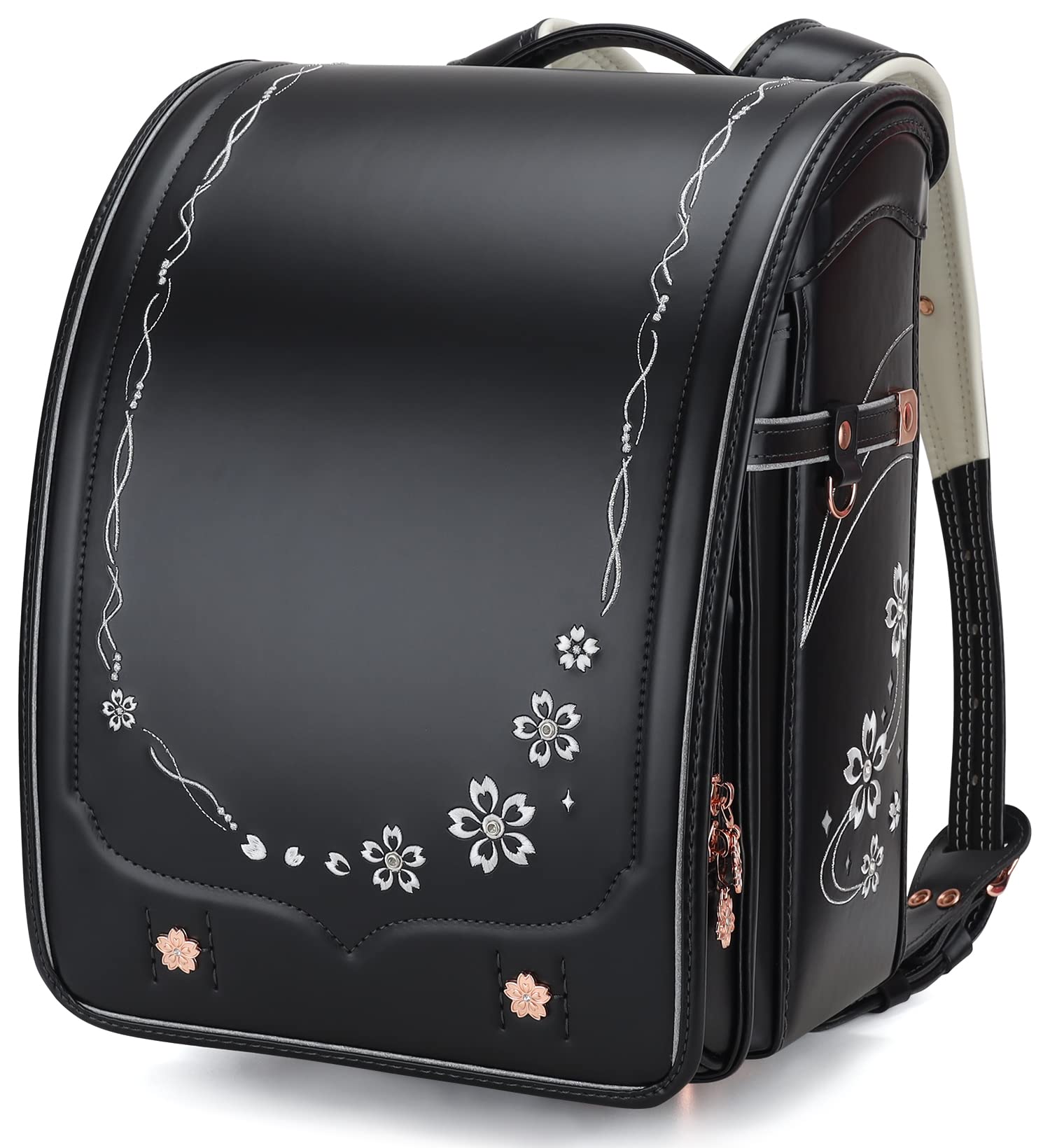 IwaiLoft Ransel Randoseru Backpack Automatic Satchel Japanese School Bag Cherry Blossom Sakura Embroidery PU Bookbag for Girls (Black)