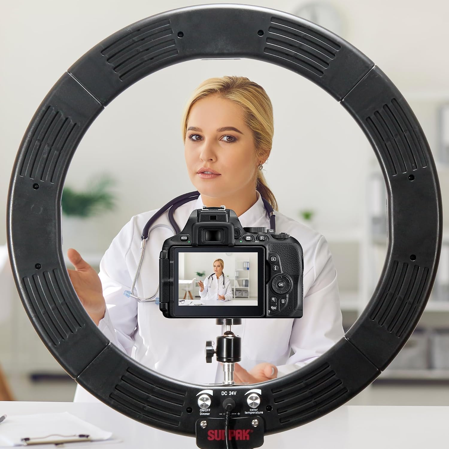 SUNPAK 19" LED Ring Light, Bi-Color, Dimmable with 72" Four-Section Stand, Ball Head, Smartphone Holder