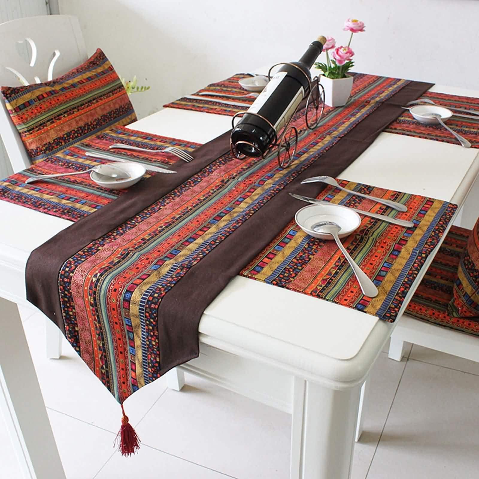 Table Runner Wedding, Tischläufer Braun Rot 32x180CM Vintage-Muster Bettwäsche Baumwolle Tischdeko Wohnzimmer Küche Geburtstage