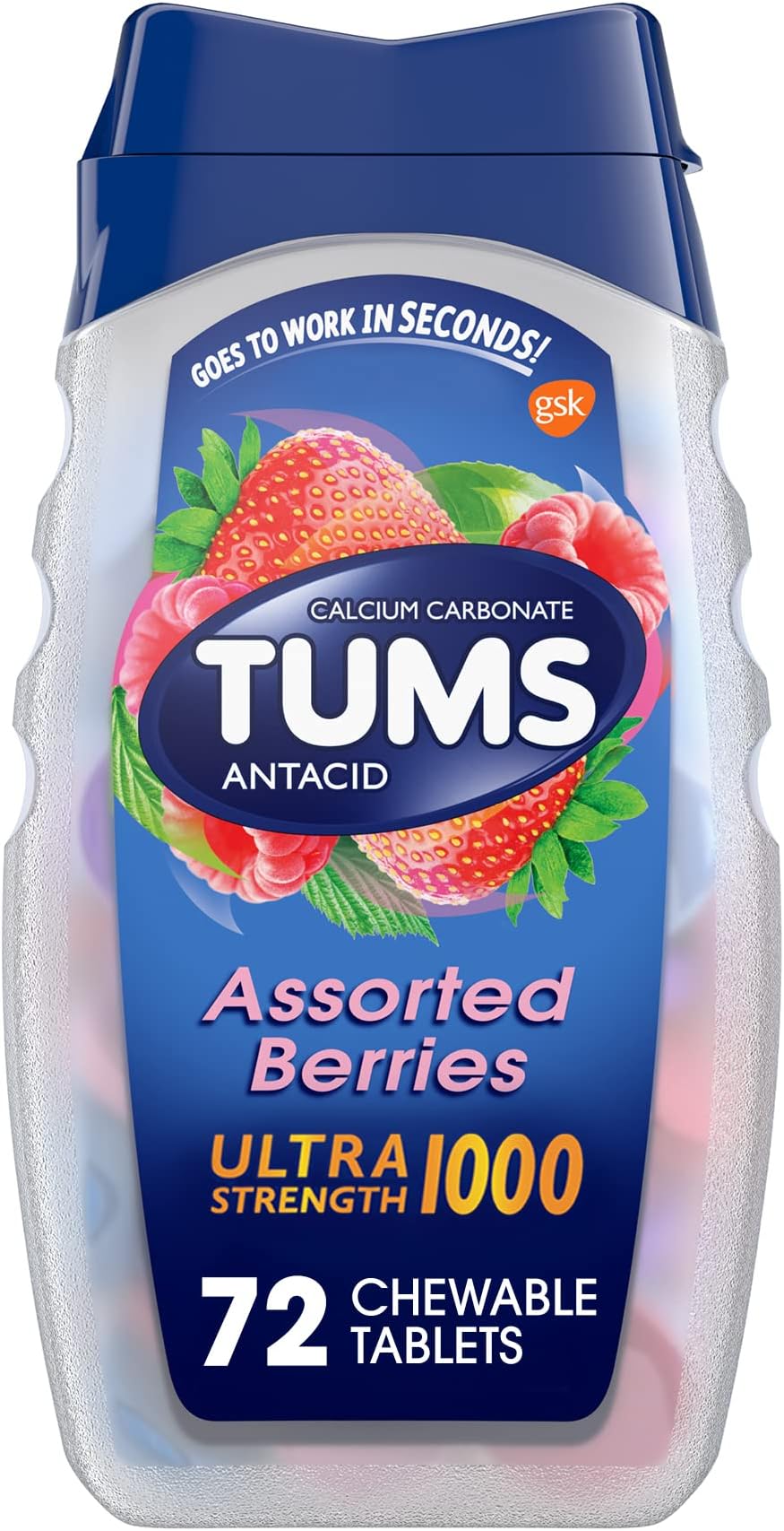 Ultra Strength Chewable Antacid Tablets for Heartburn Relief and Acid Indigestion Relief, Assorted Berries - 72 Count