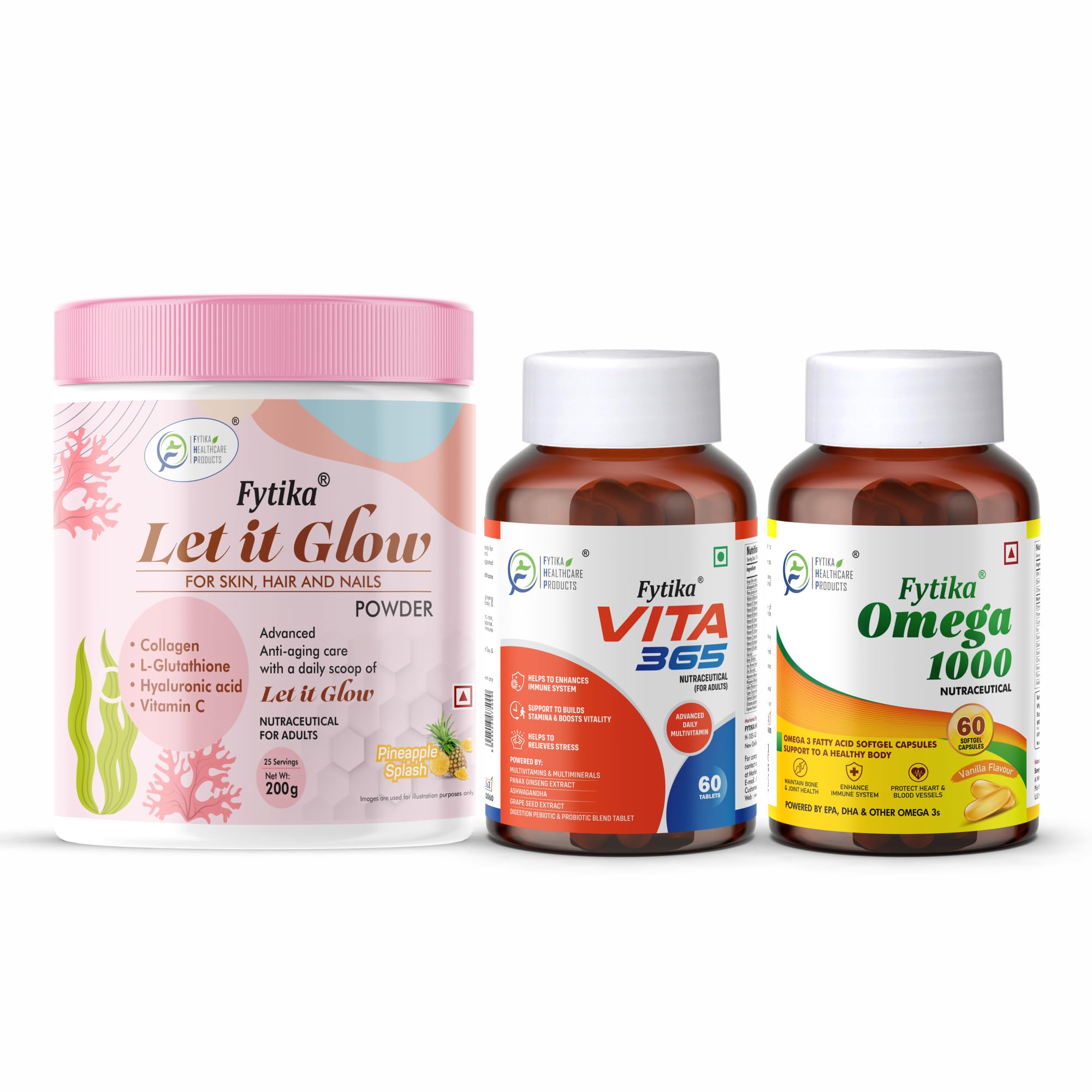 Fytika Let it Glow Pineapple, Collagen Powder-200G + Fytika Vita 365, 3 in 1 Multivitamin-60 Tabs + Fytika Omega 1000 (Omega-3 Fatty acids)-60 Caps (B0D986JH94) Amazon Price History, Amazon Price Tracker