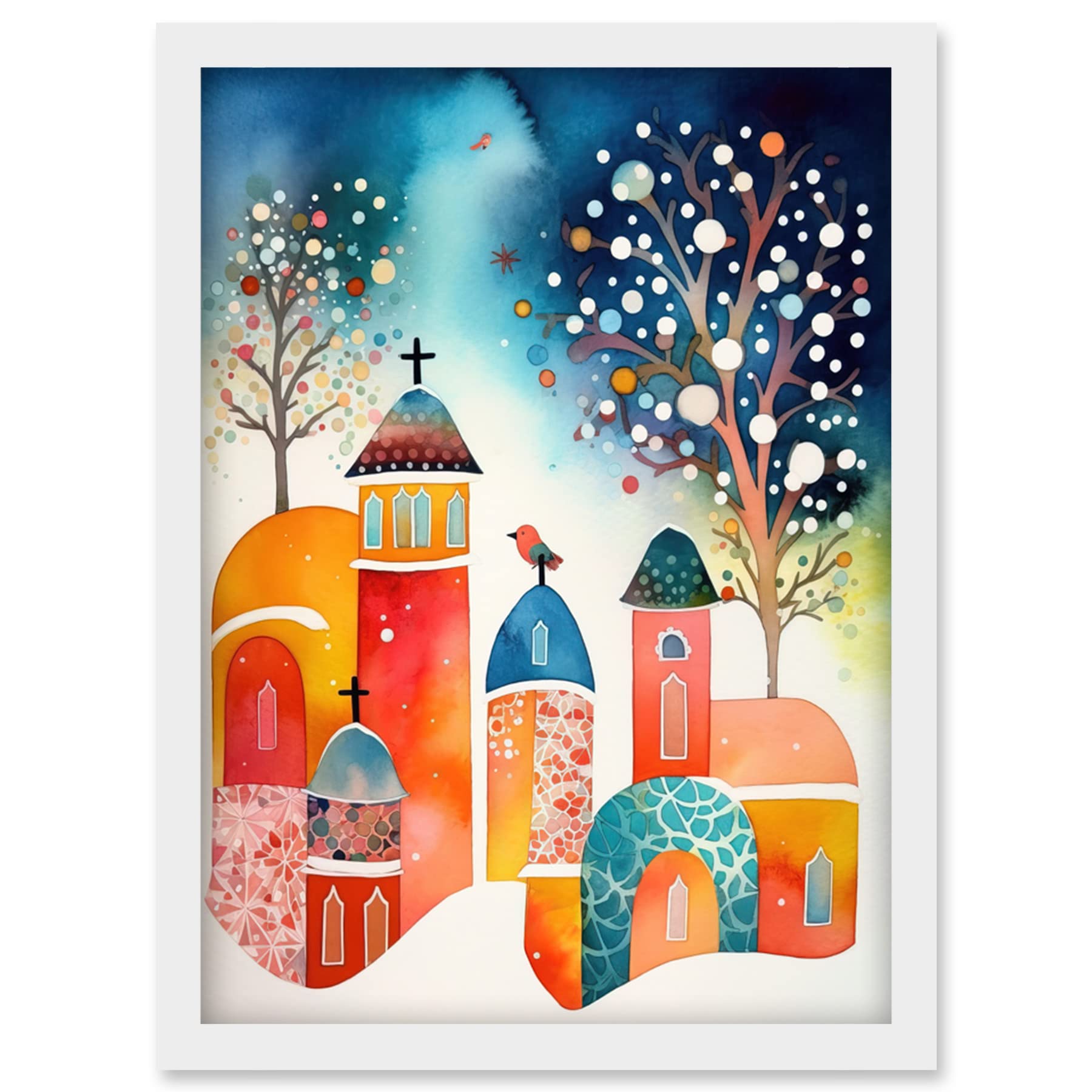 Artery8 Winter Churchyard Snowfall Trees Folk Art Artwork Framed Wall Art Print A4