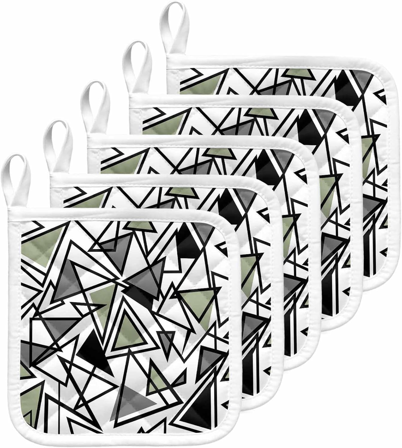 Sage Green Black Geometric Pot Holders for Kitchen Heatproof Potholder, 5 Pack Abstract Art Modern Line Hot Pads Multipurpose Oven Pads Cloth Potholders Trivet for Cooking Baking