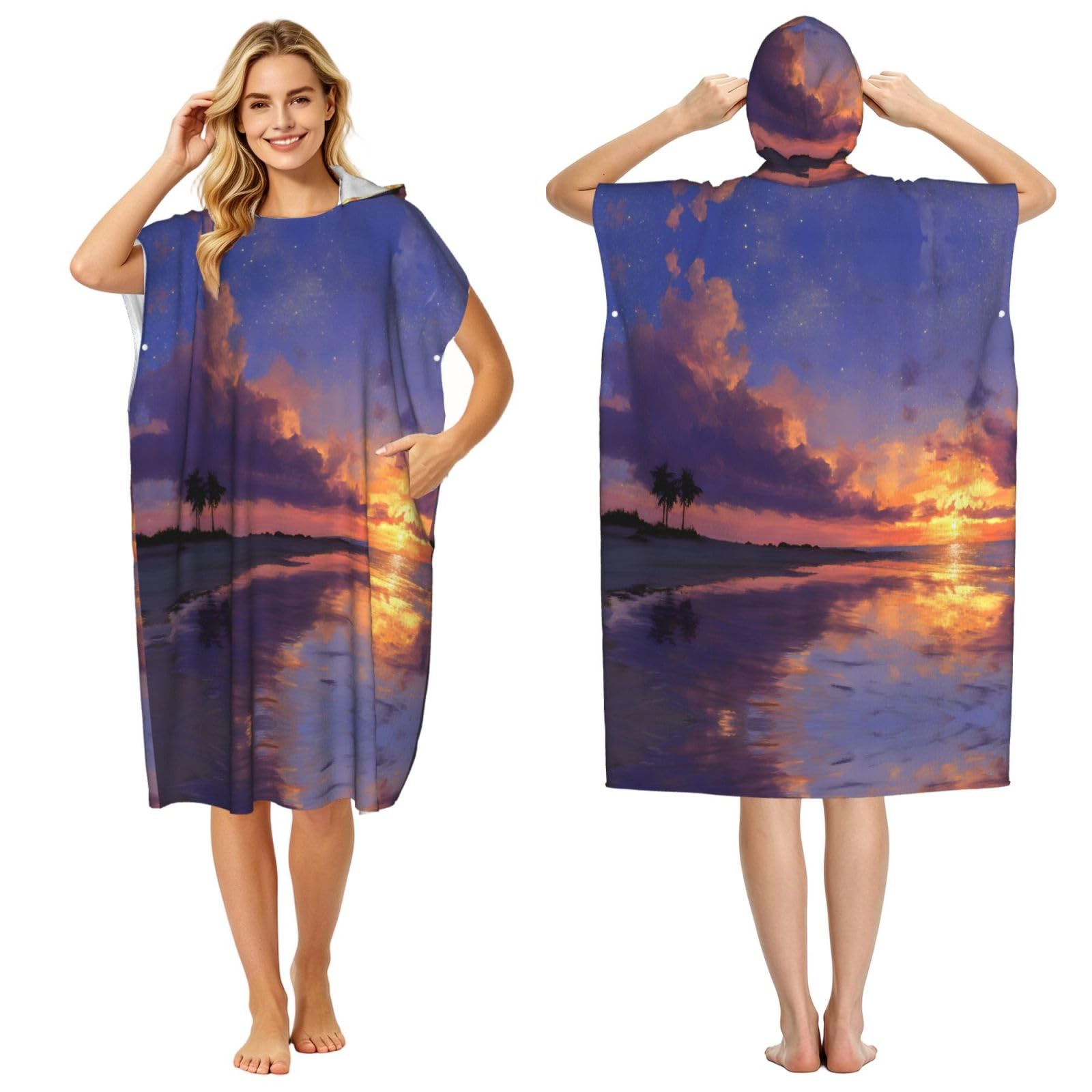 ESNAIUVCD Sunset Beach Print Changing Robe, Hooded Towel Poncho For Swimming Pool, Beach,Quick Dry & Light Weight Towelling Poncho For Adults Women Men