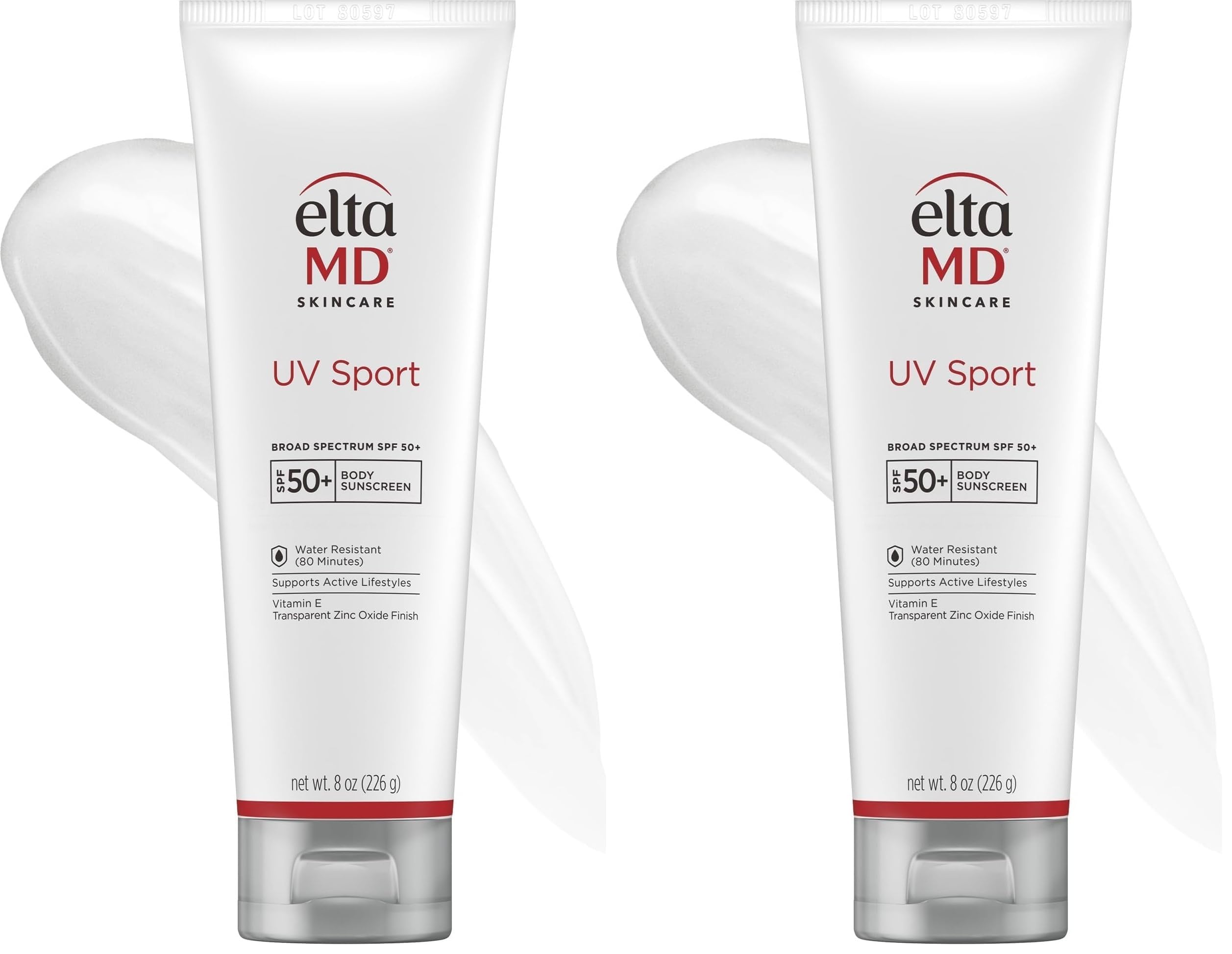 EltaMD UV Sport Sunscreen Lotion,SPF 50 Body Sunscreen,Water and Sweat Resistant,Oil-Free,Zinc Oxide Formula,8 oz Tube,(Pack of 2)