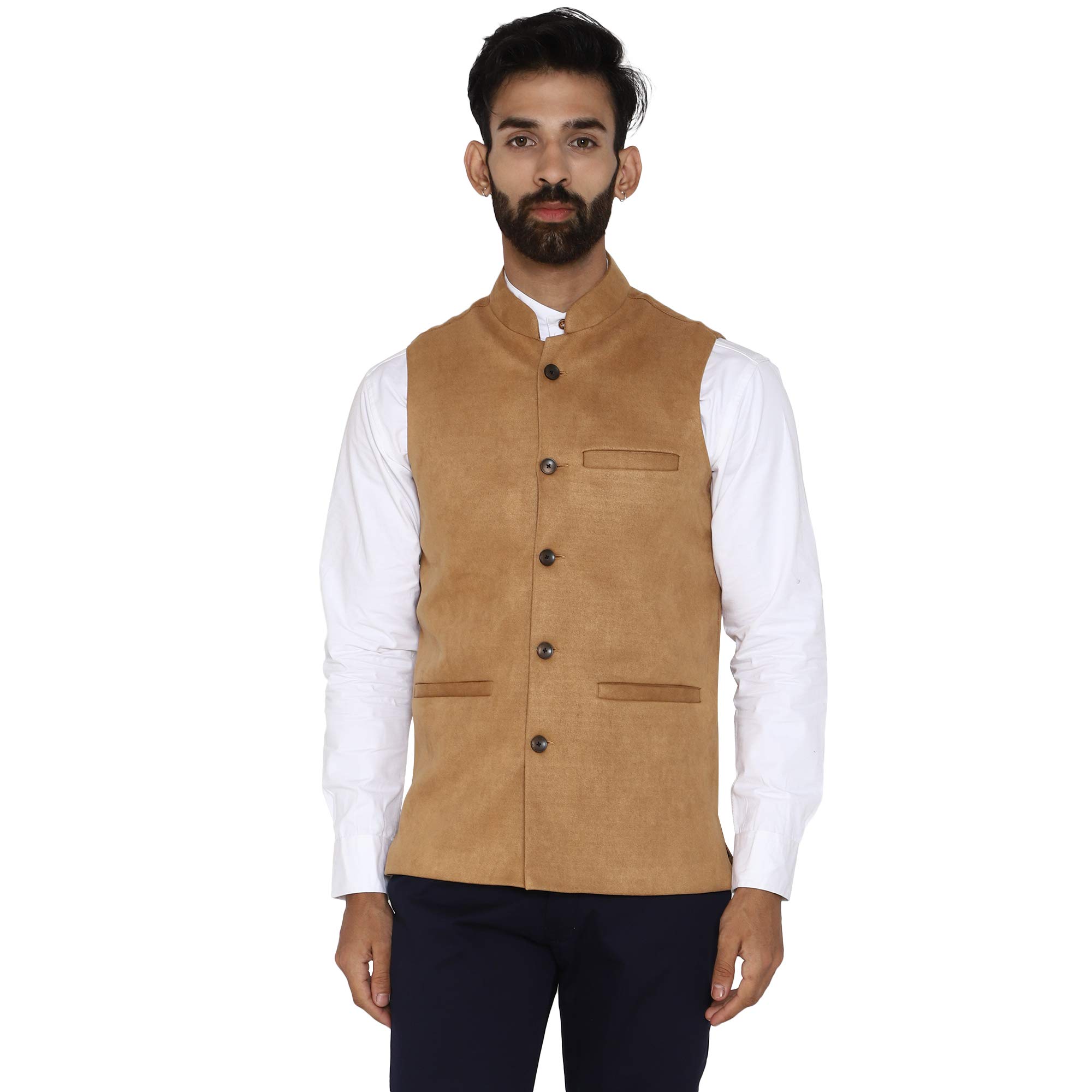 essentiele Men's Solid Tan Suede Bandhgala Ethnic Nehru Jacket-picture-1