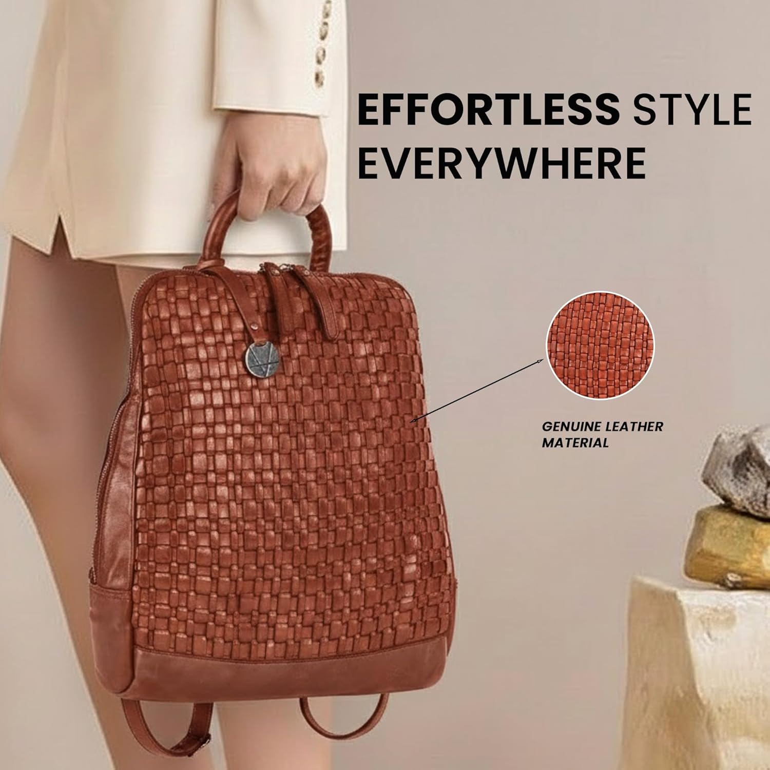 12.5 Inch Genuine Leather Backpack for Women and Men, Cognac Leather Backpack with Adjustable Shoulder Strap - Image 2