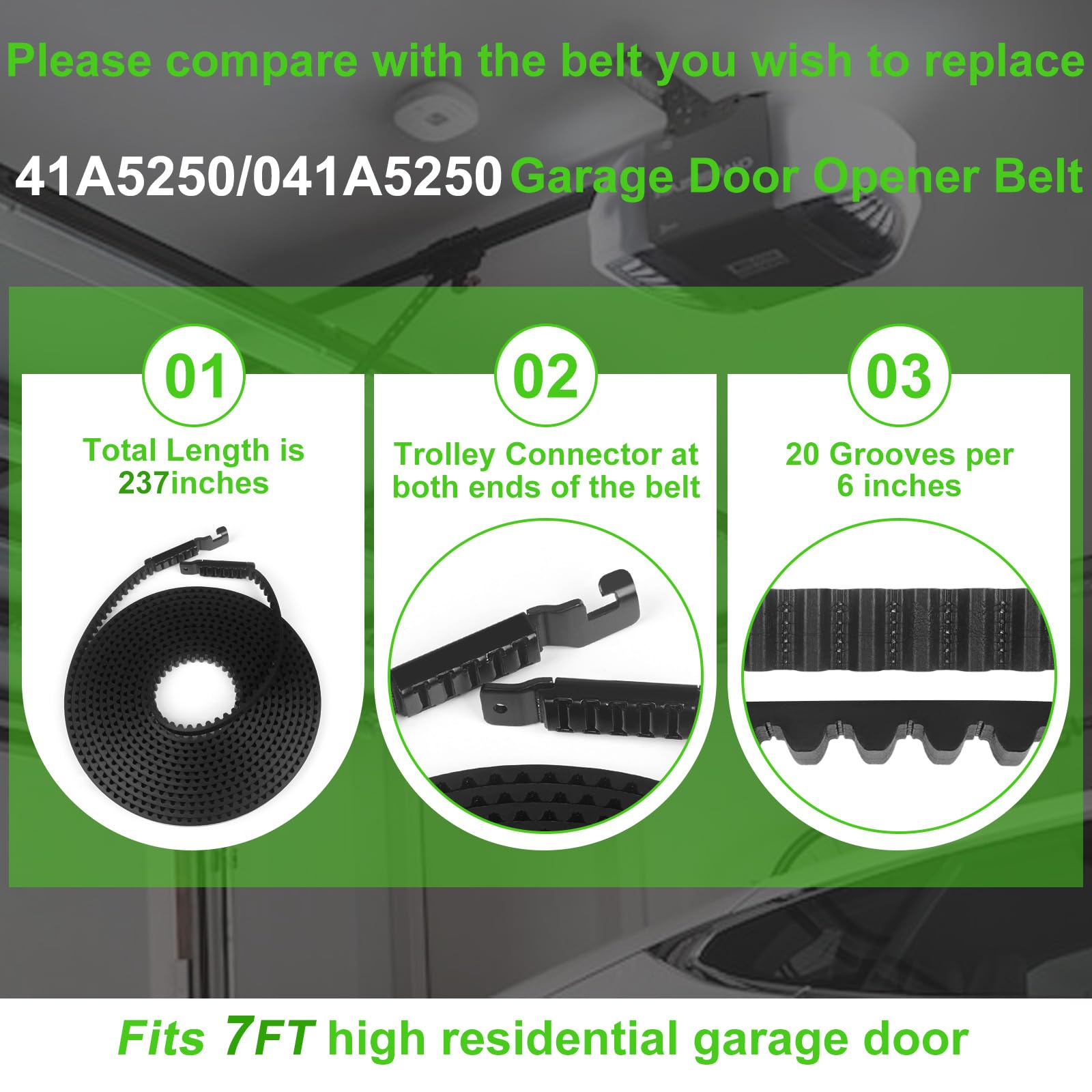 41A5250 Drive Belt 237'' for 7FT Garage Door Stable and Quiet 041A5250 Belt Replacement Compatible with Chamberlain Liftmaster Craftsman Sentex Whisper Openers (41A5250 7FT Garage Door Belt) — Amazon image 2