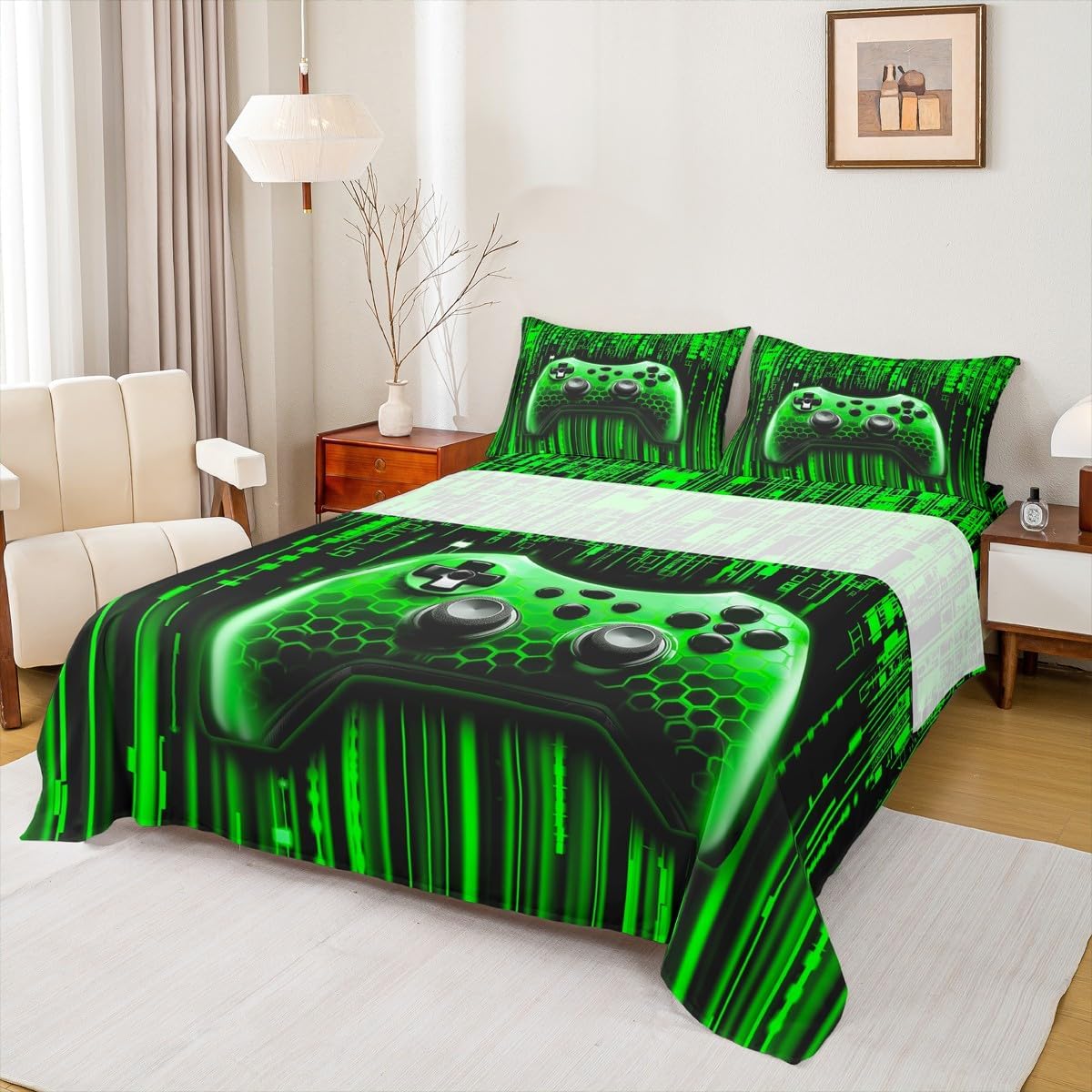 Manfei ゲーミングゲームパッド キッズシーツ ツインサイズ、3Dネオンライト 幾何学模様寝具セット、男の子 女の子 部屋の装飾
