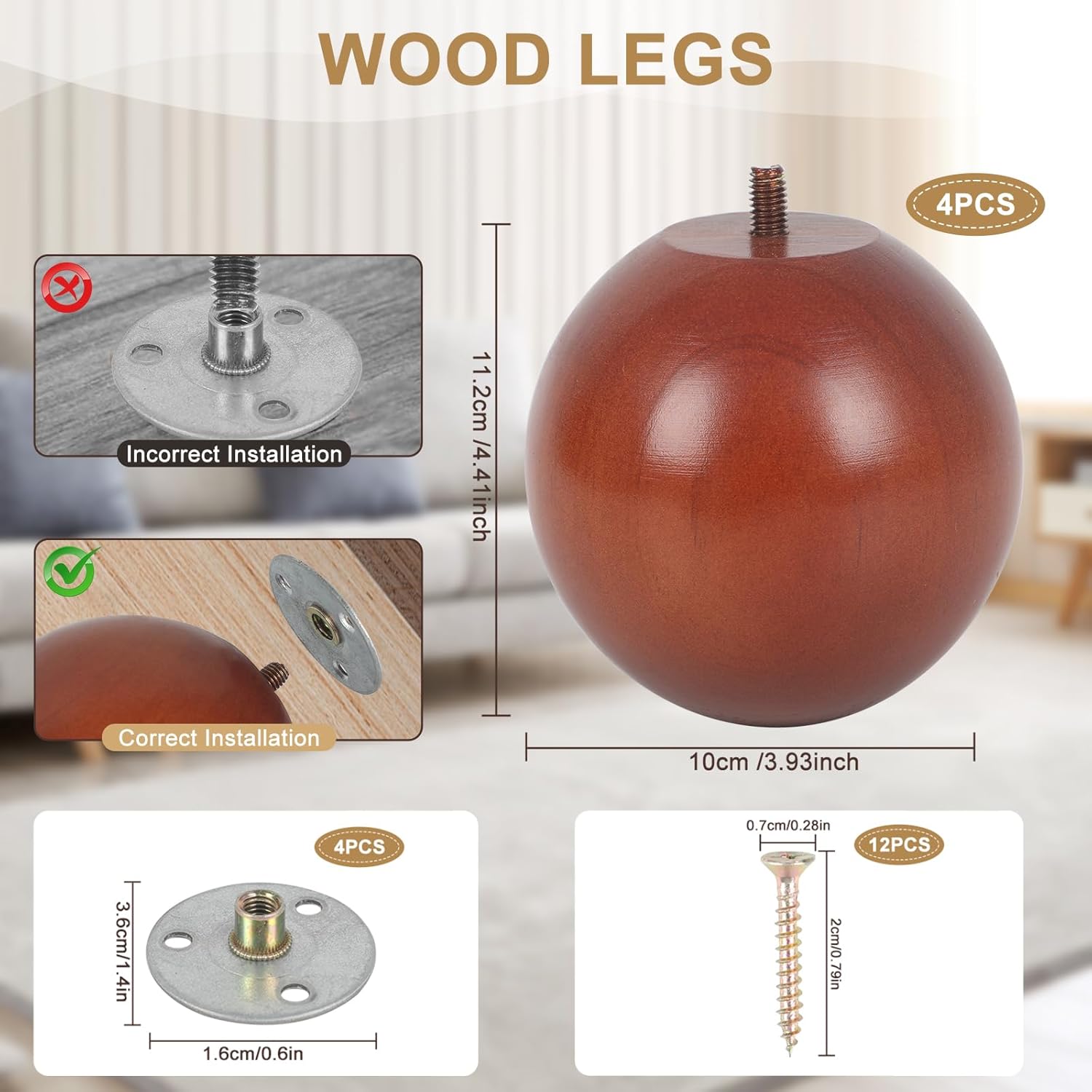 4 Inch Wooden Sofa Legs of 4 Wood Furniture Legs Couch Feet Wooden Round Sofa Furniture Replacement Sofa Legs Replacement for Sofa Couch Chair Cabinet Dresser Ottoman Bed Riser, 4 Pack