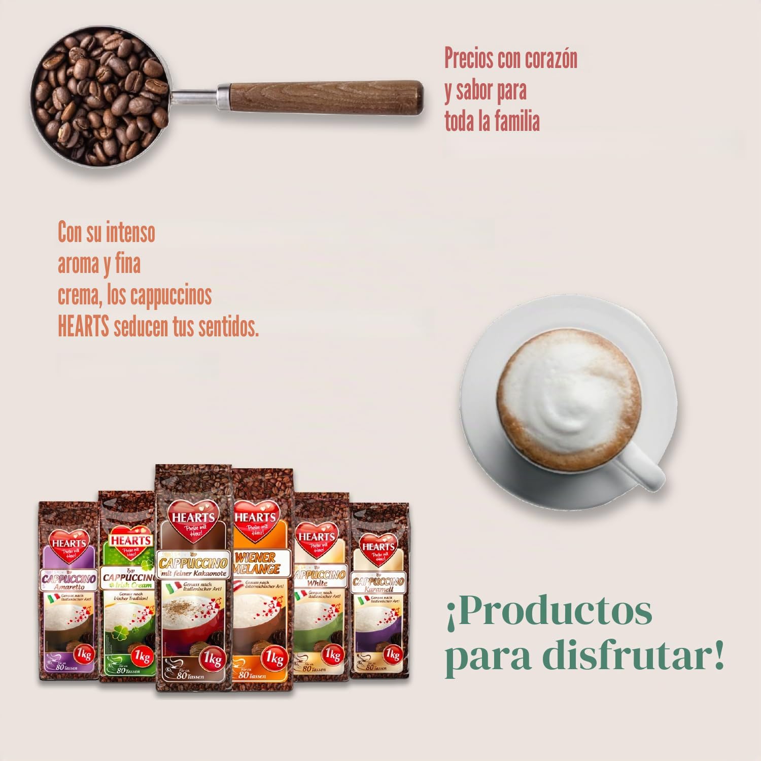 HEARTS Cappuccino Mix, 6 paquetes de degustación de 1 kg (mezcla vienesa, crema irlandesa, amaretto, caramelo, blanco y con fina nota de cacao) Paquete familiar