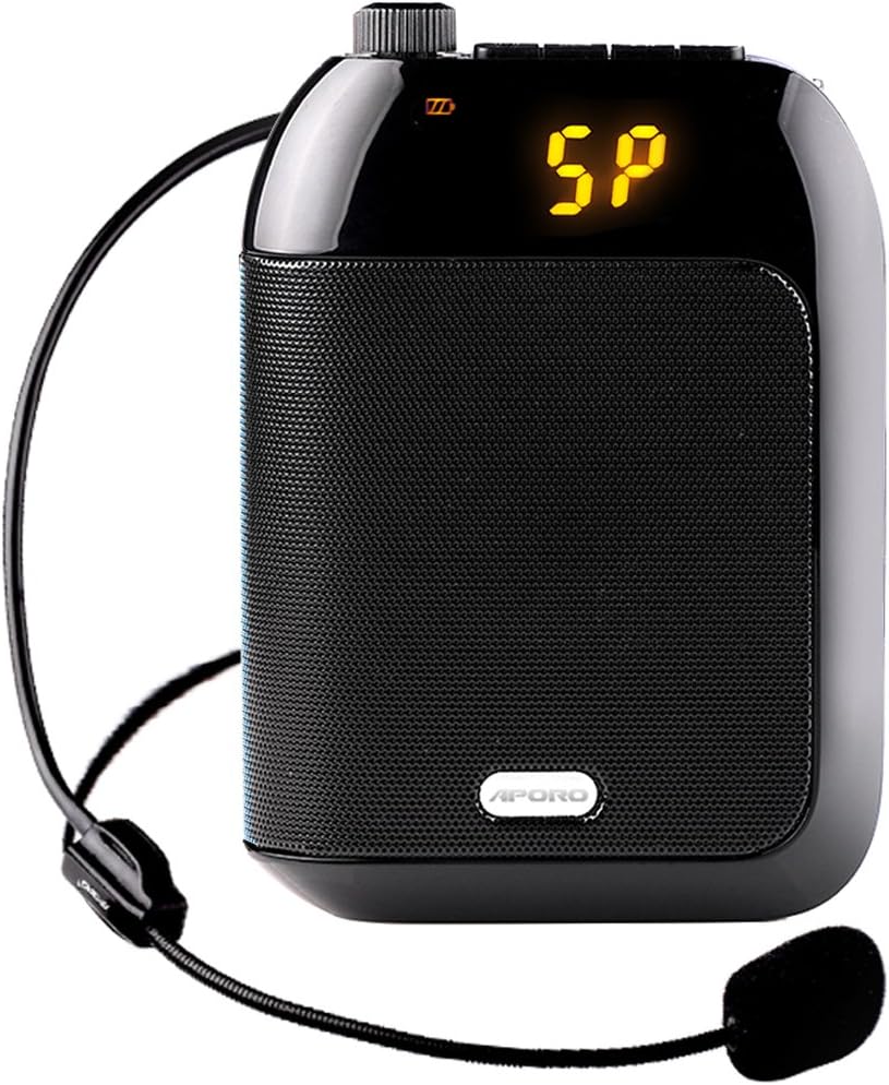 Aporo T9 Rechargeable 2400mAh Smart PA Voice Amplifier High-Power 15W with Headset Microphone for Tour Guides,Teachers,Coaches,Presentations,Costumes,Meeting (Black Wired)