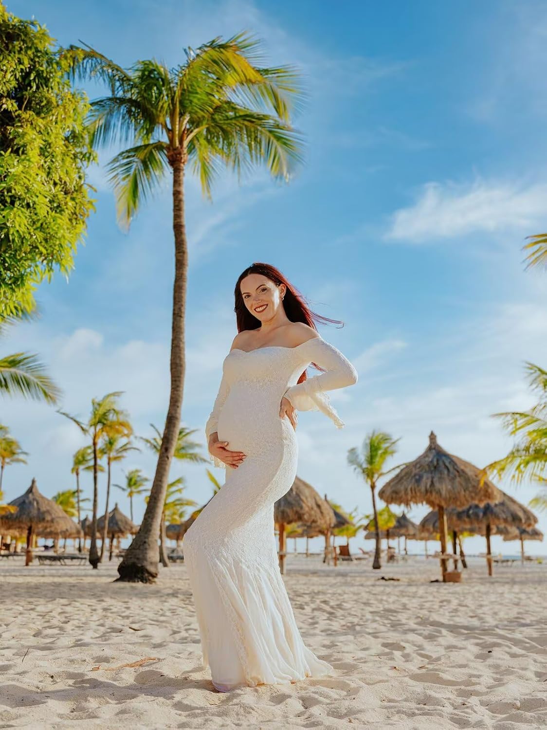 Lace Maternity Dress Mermaid Stretchy Bodycon Off the Shoulder Baby Shower Dress Ruffle Maxi Pregnancy Gown