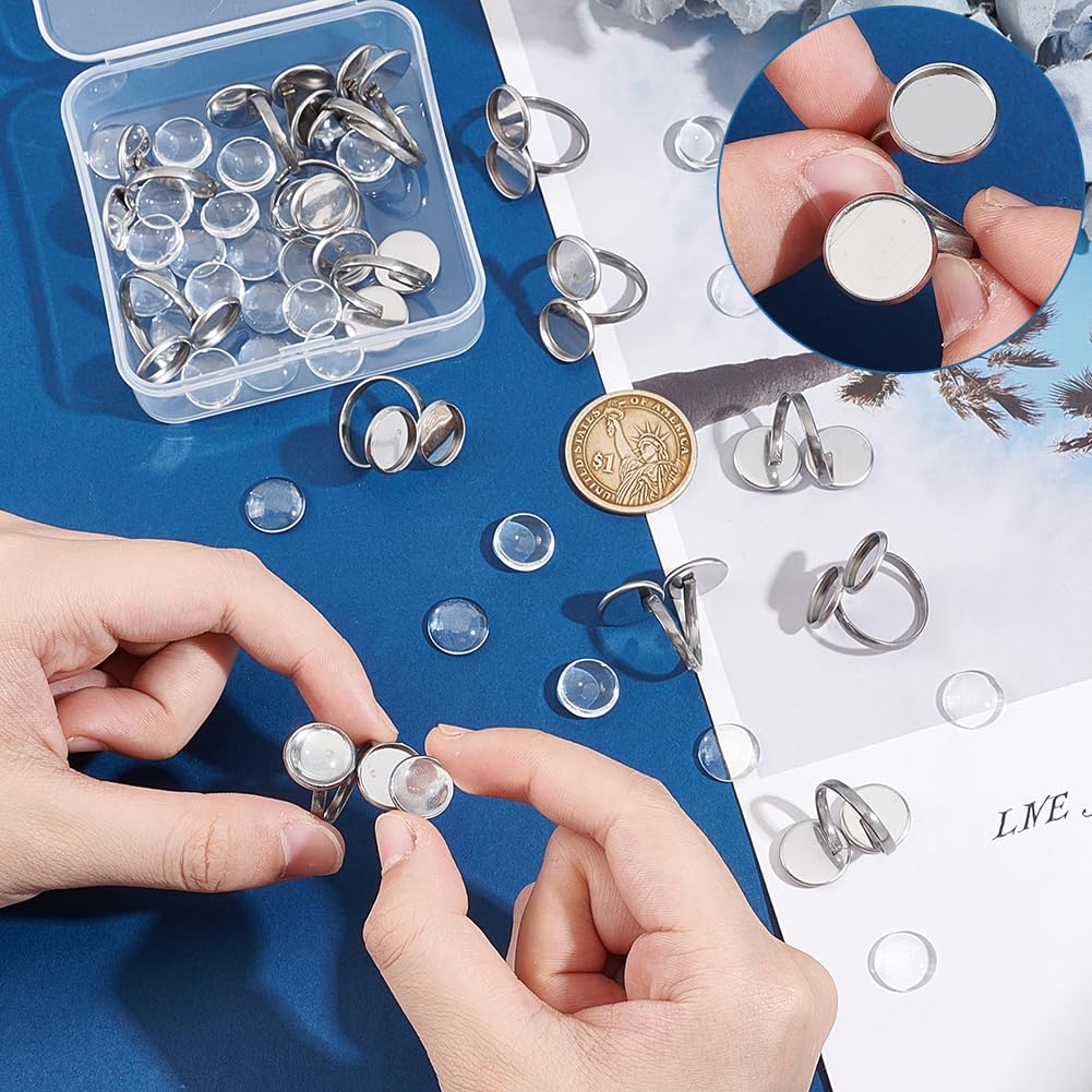 UNICRAFTALE 16pcs Finger Ring Blank Base 17mm Adjustable Open Cuff Ring Findings Transparent Glass Cabochons Base 304 Stainless Steel Flat Round Pad Ring Base Bezel Tray 12mm for Jewelry Making - Image 4