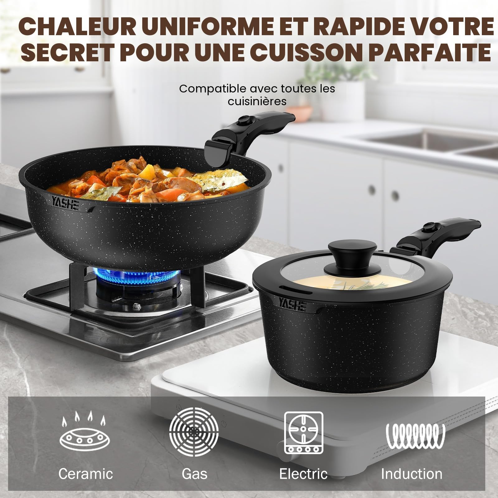 YASHE Batterie de cuisine 21 pièces, Ensemble de casseroles et poêles antiadhésifs, poignées amovibles, couvercles en verre, compatible induction, four, empilable,grise, Gris