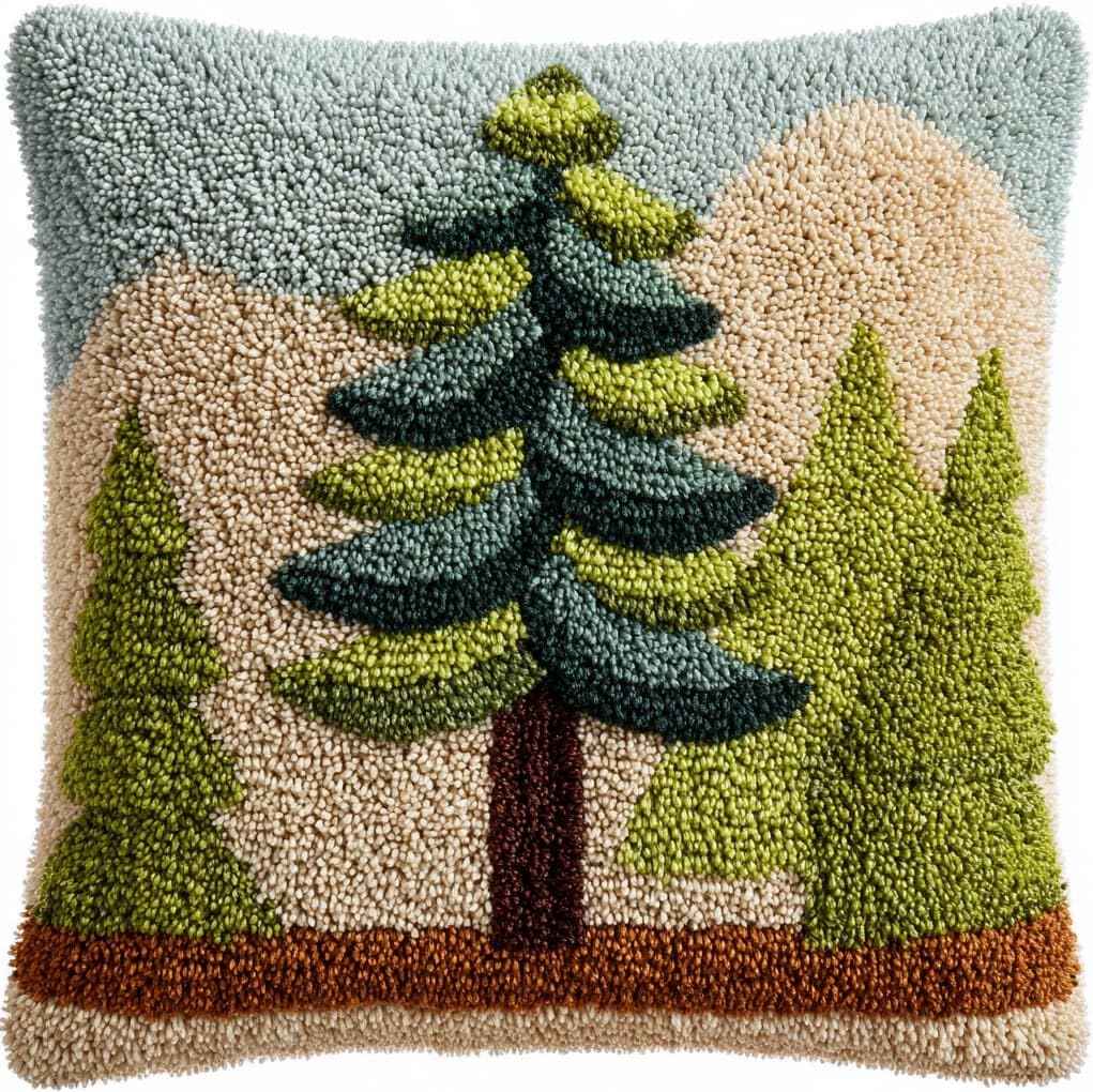 WallustrioaW Latch Hook Kits Pillow for Adults,Pine Tree Landscape,Pre-Printed Patterns Pillowcase Needlework Crochet Yarns Latch Hooking Cushion for Sofa Decor,17x17in