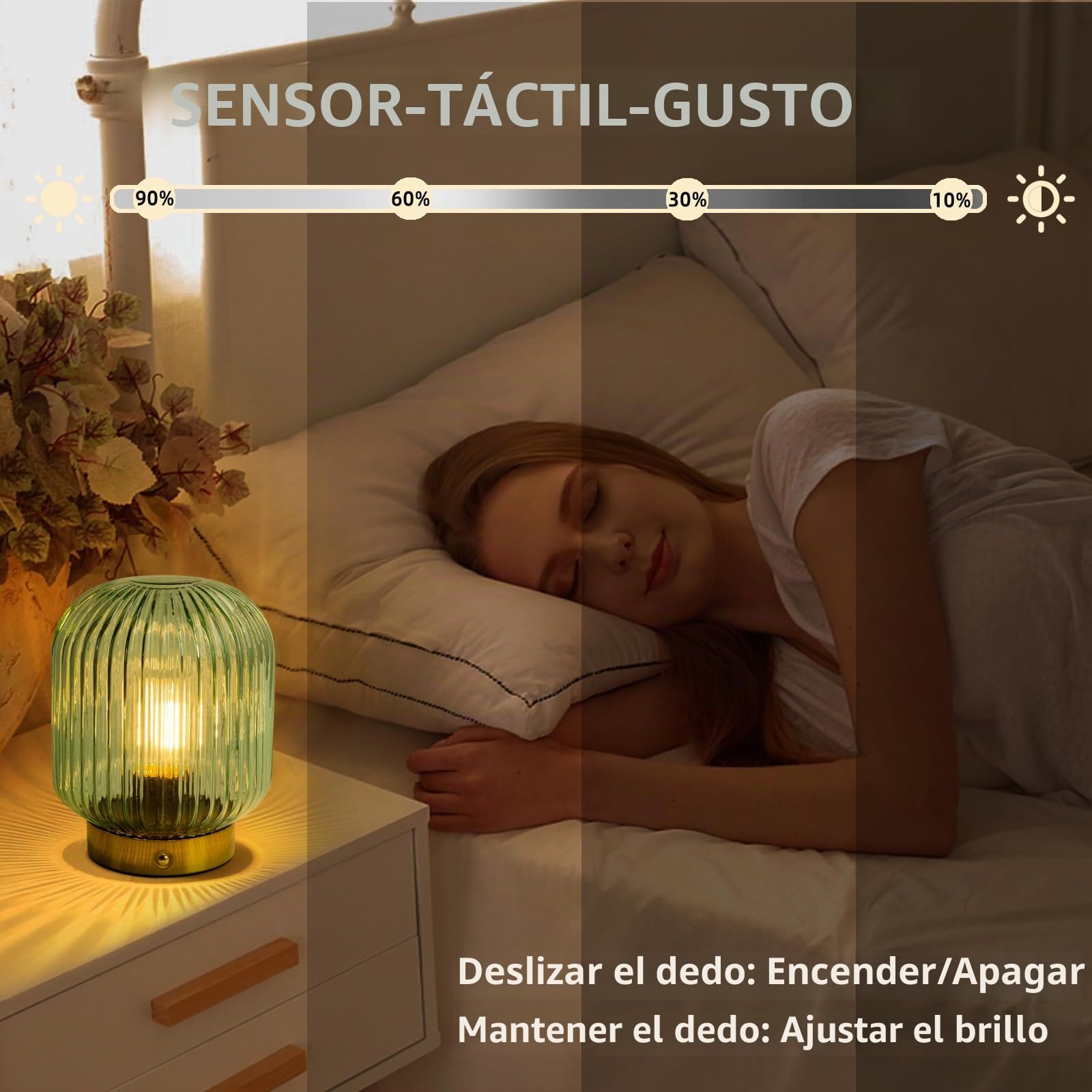 MJ PREMIER Lámpara de mesa recargable inalámbrica con pilas, luz de emergencia para cortes de energía, lámpara de acento de cristal regulable para entrada/escalera/baño/esquina