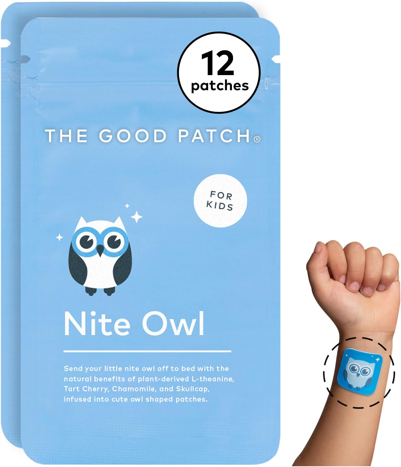 The Good Patch Nite Owl Patch, Natural Sleep Patch Support for Kid Bedtime with Tart Cherry, Chamomile, and Skullcap, Plant Powered, Sustained Release (12 Total Patches)