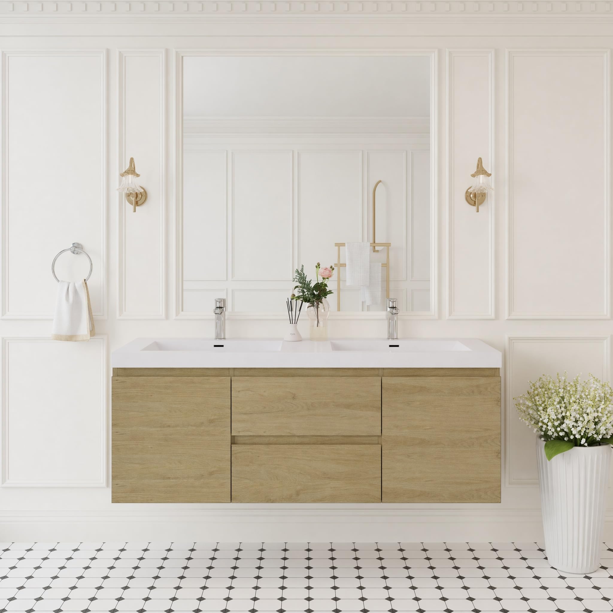 60'' Floating Bathroom Vanity with Sink, Bathroom Cabinet, Oak