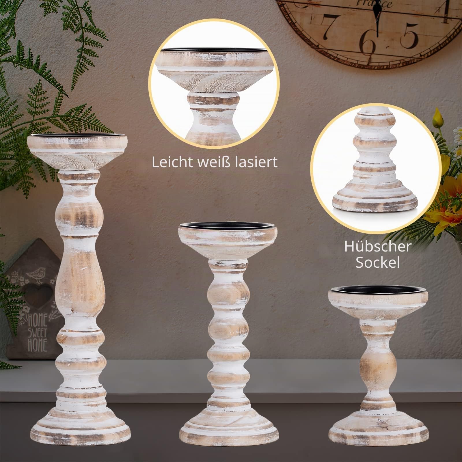 Romadedi Kerzenständer Holz für Stumpenkerzen, 3er-Set, Vintage Weiß | Drei Höhen: 15, 21 und 30 cm; Metall-Kerzenteller für Stumpenkerzen bis ca. Ø 7,6 cm; für Kaminsimse und Beistelltische