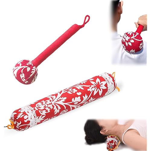 2pcs Manual Massage Tools,Manual Whole Body Wormwood Massage Hammer(12in)& Mugwort Pillow(15in), Lymphatic Drainage Tool,Back Knock Long Handheld Massage Stick for Back Pain Relief (Red)