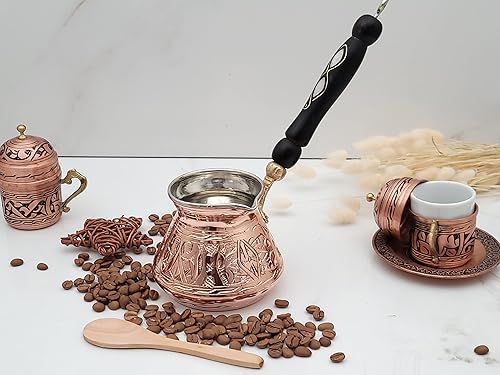 Miniatura 5 de Cafetera turca griega árabe de cobre de 12 onzas con aplicación Fortune y mango de madera (4 tazas), cafetera turca Cezve, Ibrik, cafetera griega