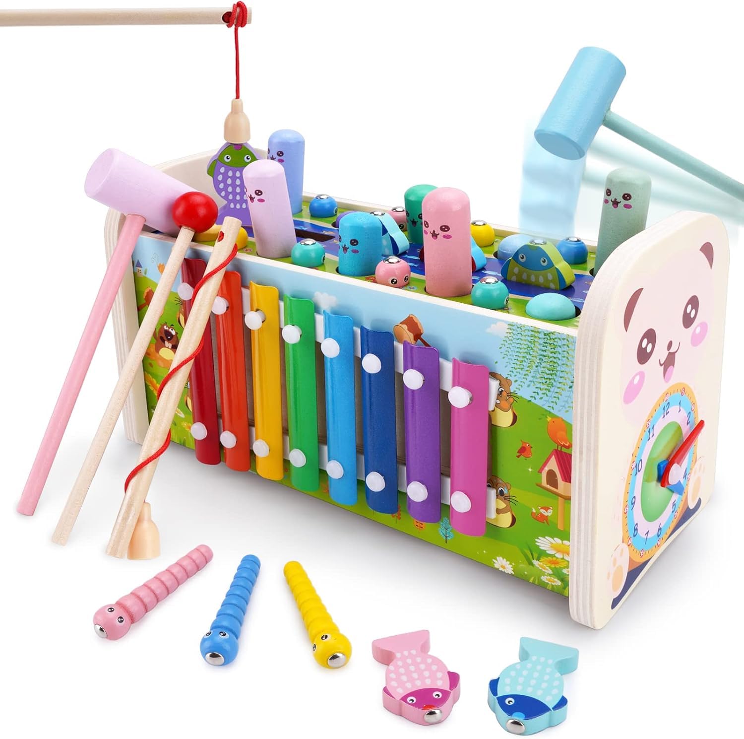 BLiSS HUES 7 in 1 Multiactivity Wooden Montessori Toys Toddlers- Includes Games Whack a Mole- Fishing- Xylophone- Sliding Maze & More- Fine Motor Skills & Sensory Toys for Kids (B0CQQYW549) Amazon Price History, Amazon Price Tracker
